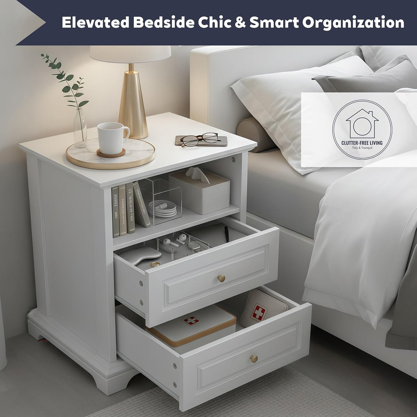 2-Pack White Nightstand with 2 Drawers & Open Shelf, 21.2"x16.5"x24.0" Bedside Table with Gold Knobs, Modern End Table for Bedroom Living Room