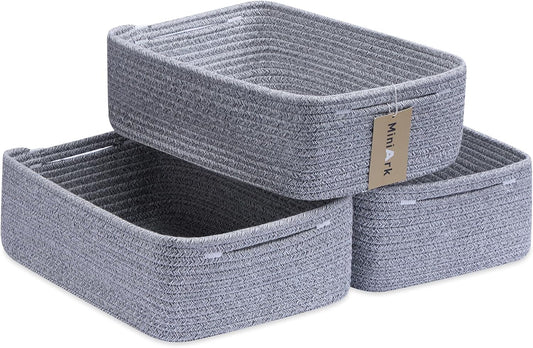 Large Shallow Organizing Baskets 15x11x5.1 Inches - Rope Woven Storage Bins for Bathroom, Shelves, Cube Closet, Mixed Grey 3 Packs
