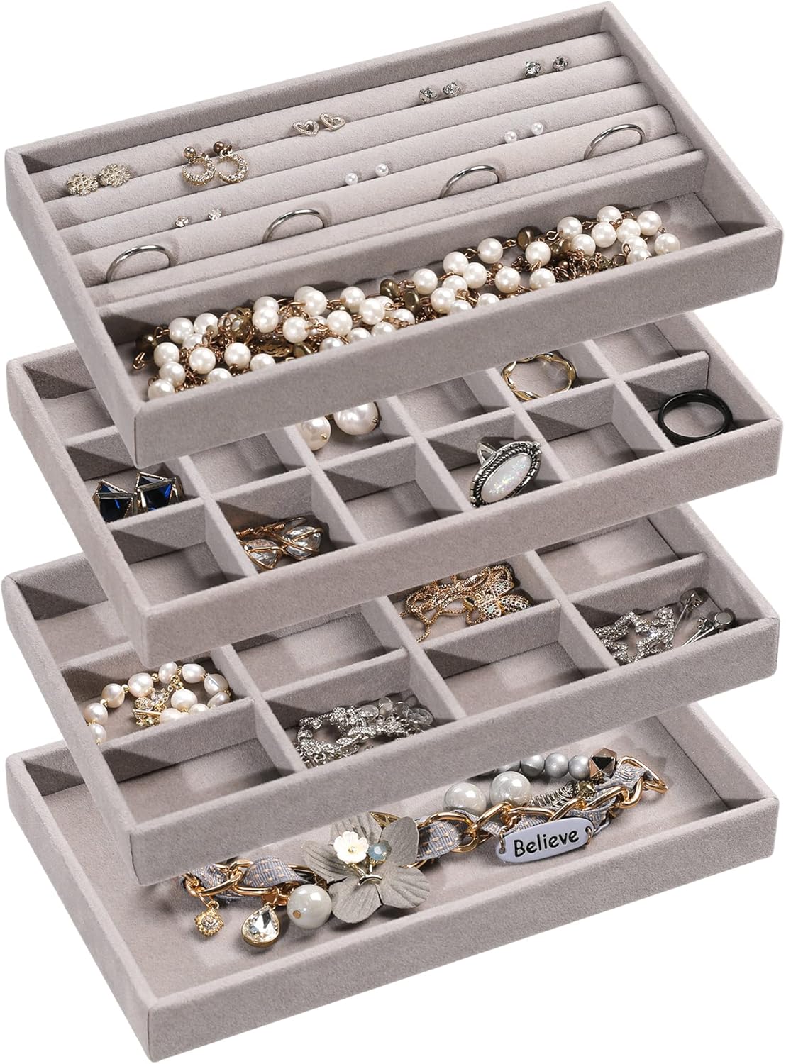 Frebeauty Jewelry Organizer Tray,Stackable Velvet Jewelry Trays,Drawer Inserts Earring Organizer For Women Jewelry Storage Display Case for Rings Stud Necklaces,Set of 4(Grey)