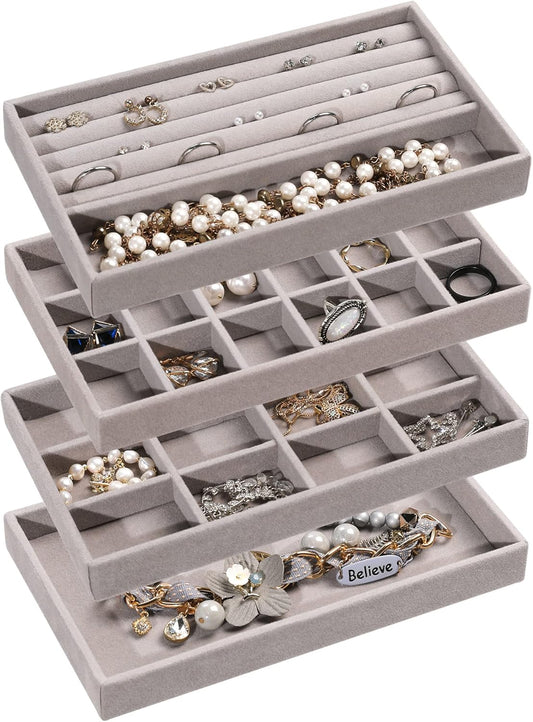 Frebeauty Jewelry Organizer Tray,Stackable Velvet Jewelry Trays,Drawer Inserts Earring Organizer For Women Jewelry Storage Display Case for Rings Stud Necklaces,Set of 4(Grey)