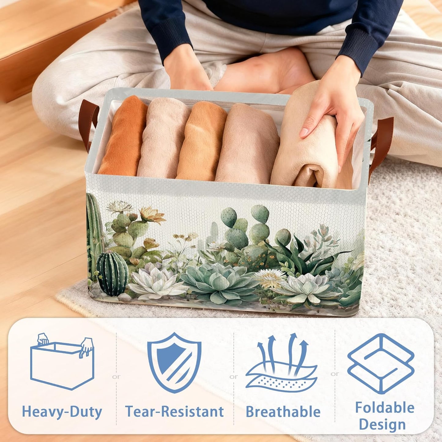Cactus Succulent Collapsible Storage Box,Tropical Plants Organizer Bin with Handles for Room Decoration,Bins Book Basket Box 17x11.5x10Inch