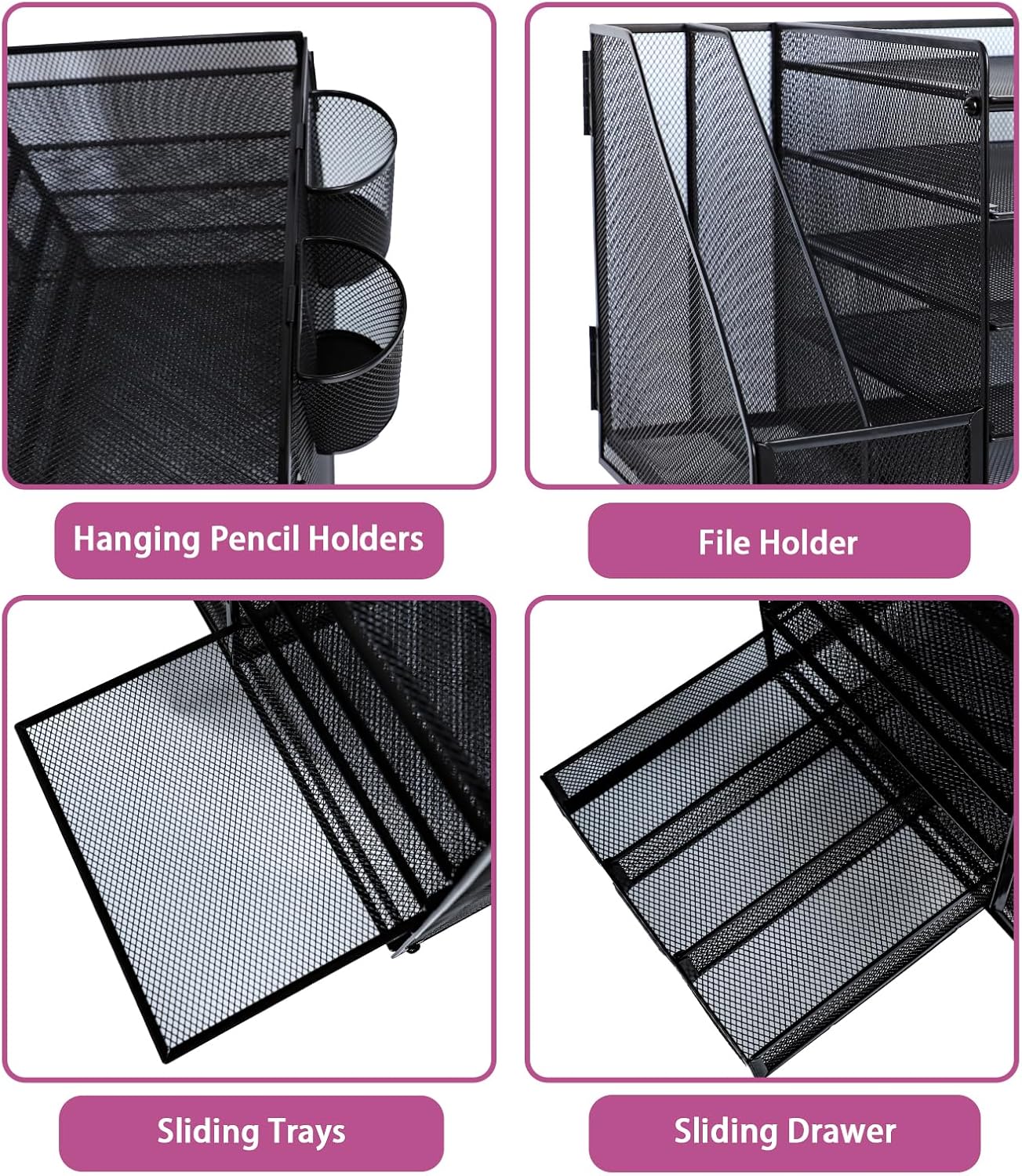 Desk Organizers and Accessories with File Holder, 5-Tier Paper Letter Tray Organiser with Drawer and 2 Pen Holder, Mesh Desktop Document Organizer for Office Supplies, Workspace - Black