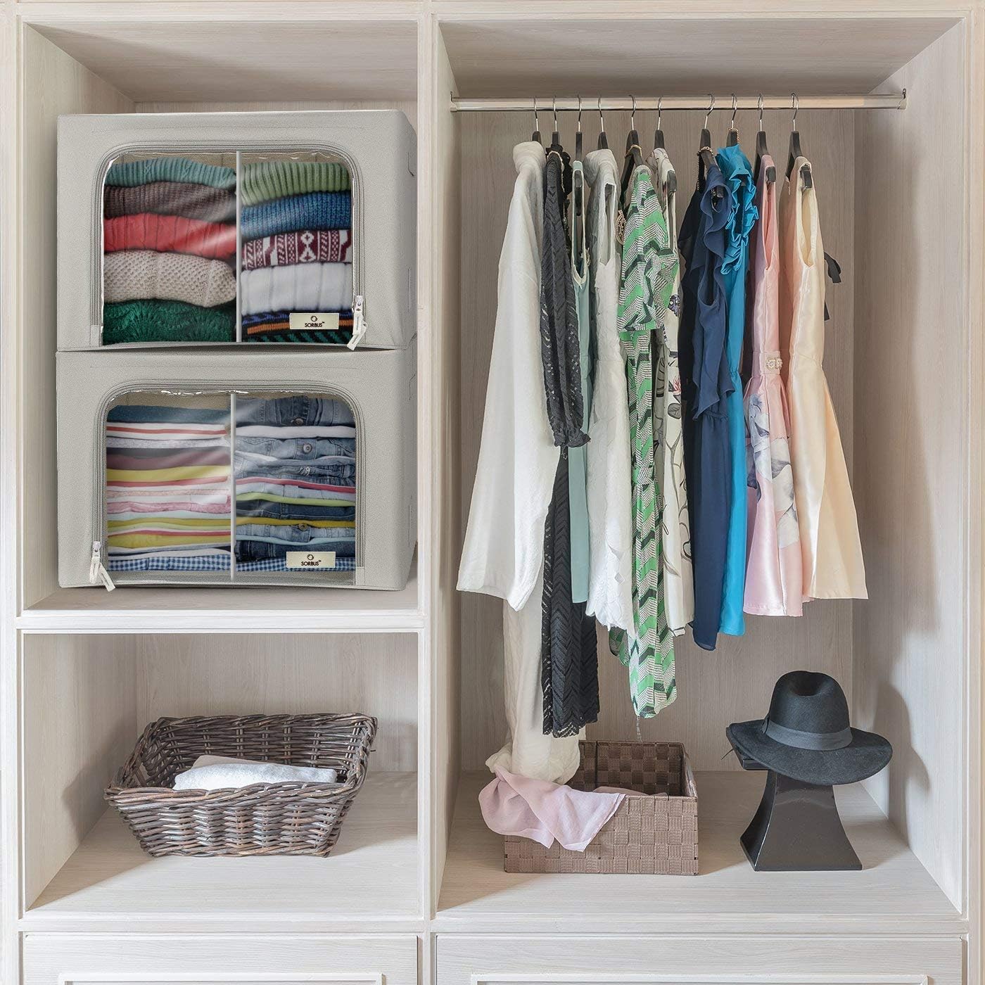 Sorbus Storage Bins with Divided Interior - Large Stackable & Foldable Organizer Containers with Metal Frame, Oxford Fabric, Large Window & Carry Handles - Organization for Bedroom, Linens & Clothes