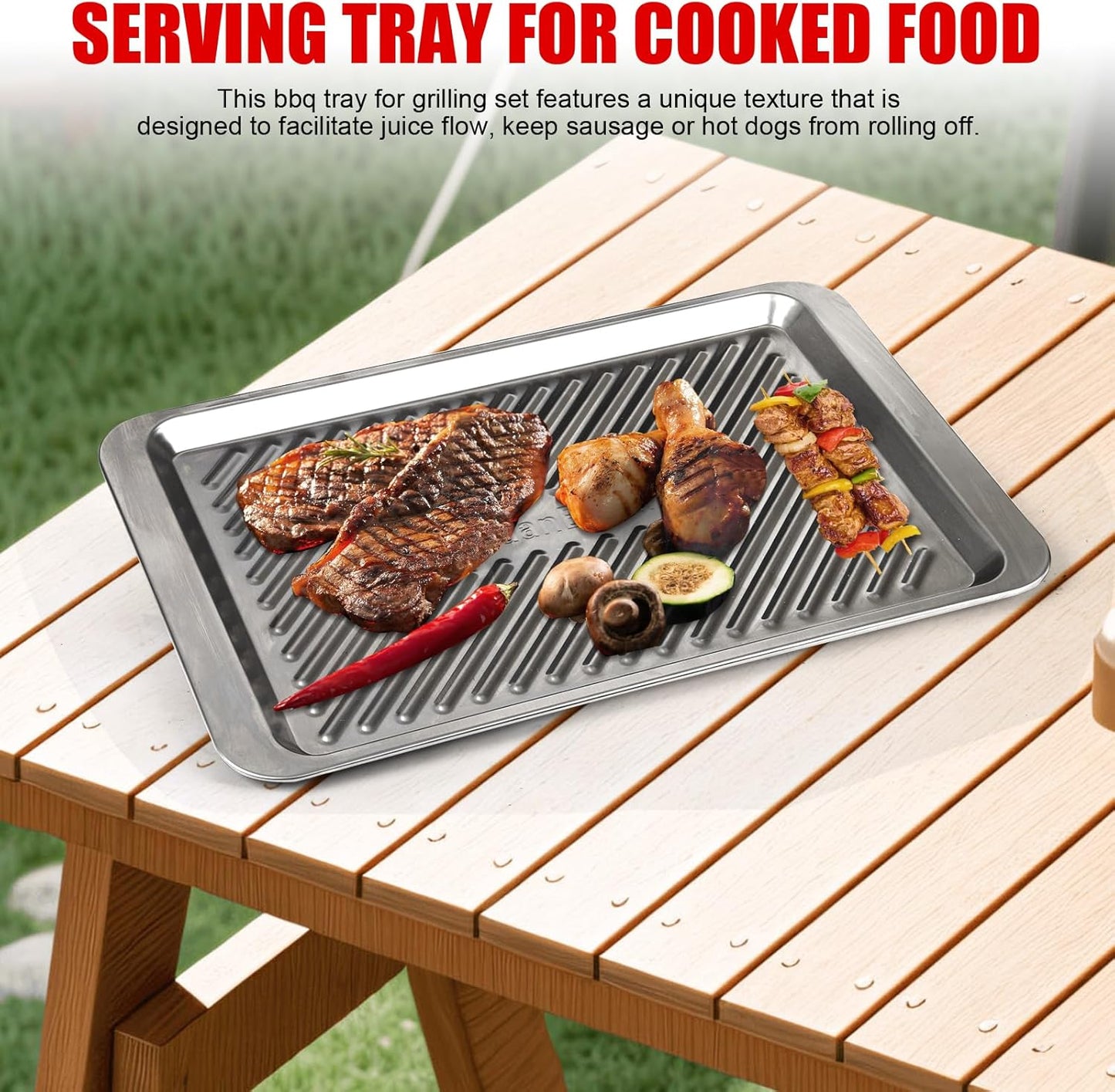 Prep and Serve Sets of 3PCS - Stainless Steel Container for Marinades, Stainless Steel Serving Tray, 2-in-1 Aluminum Defrosting Tray with Plastic Cutting Board, The BBQ Food Prep Grill Set