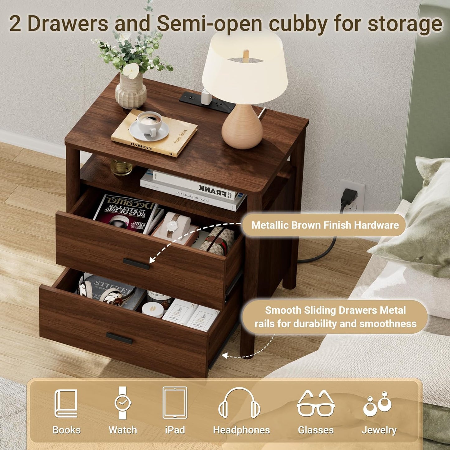 Night Stand Set of 2 with Charging Station, 24" Large Modern Side Table with Solid Round Post Legs, 2 Drawers End Table with Open Shelf, Nightstand for Bedroom, Walnut