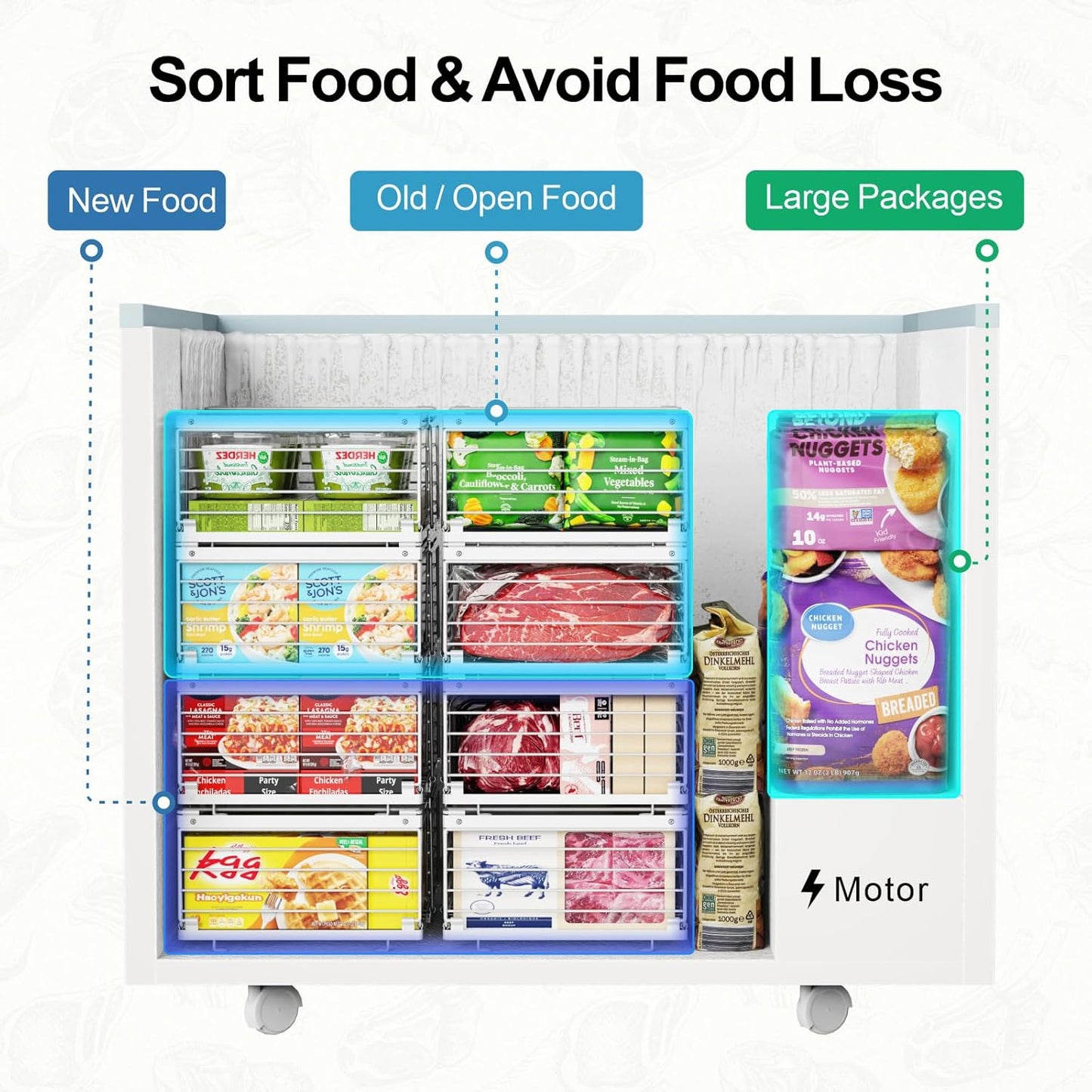 iSPECLE Freezer Organizer Bins - Fit 10 to 20 Cu.FT Deep Freezer, 8 Pack Large Expandable Stackable Chest Freezer Organizer Sort Frozen Food Easy to Get Food from Bottom without Digging, White
