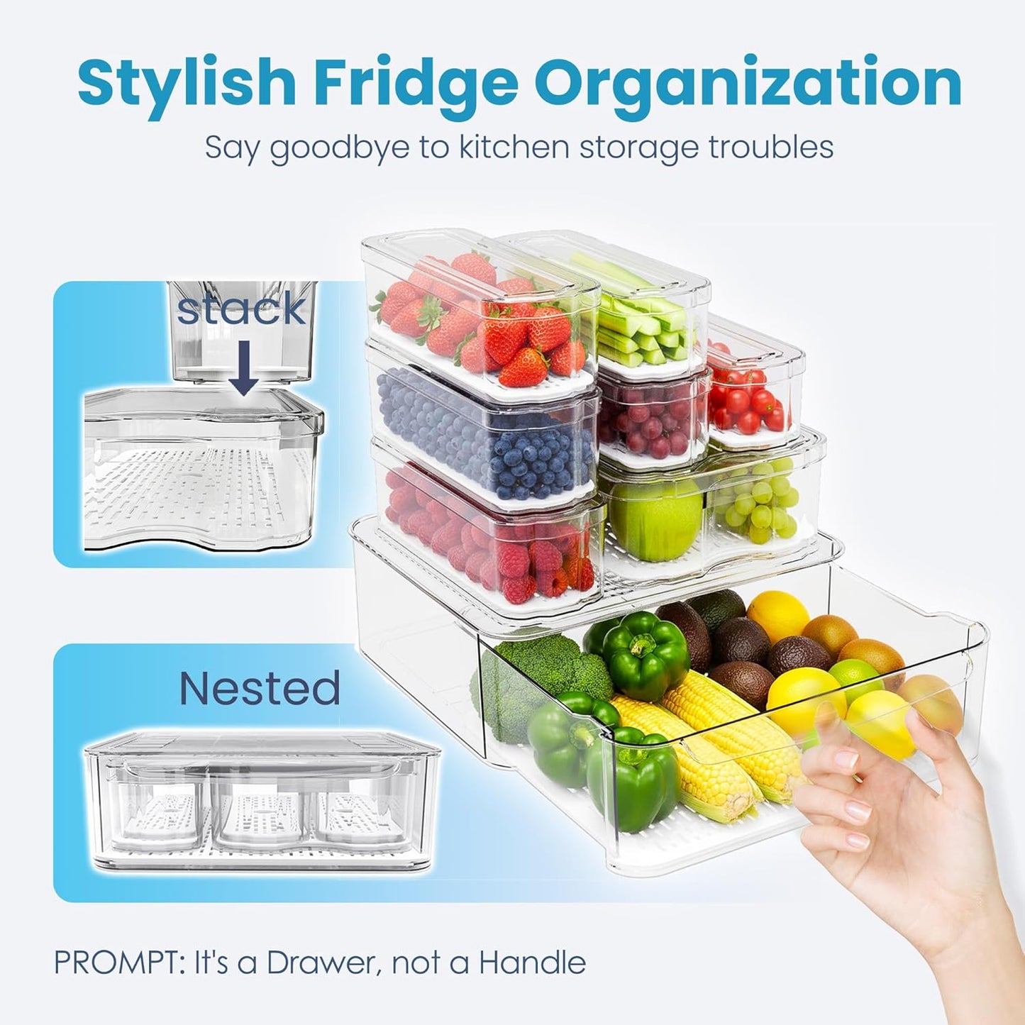 8 Pack Refrigerator Organizers and Storage, Clear Pull-out Drawer Container and Organizer Bins with Lids, Stackable Storage Containers for Fruits, Vegetable (Set of 8 (Include Pull-out Drawer))