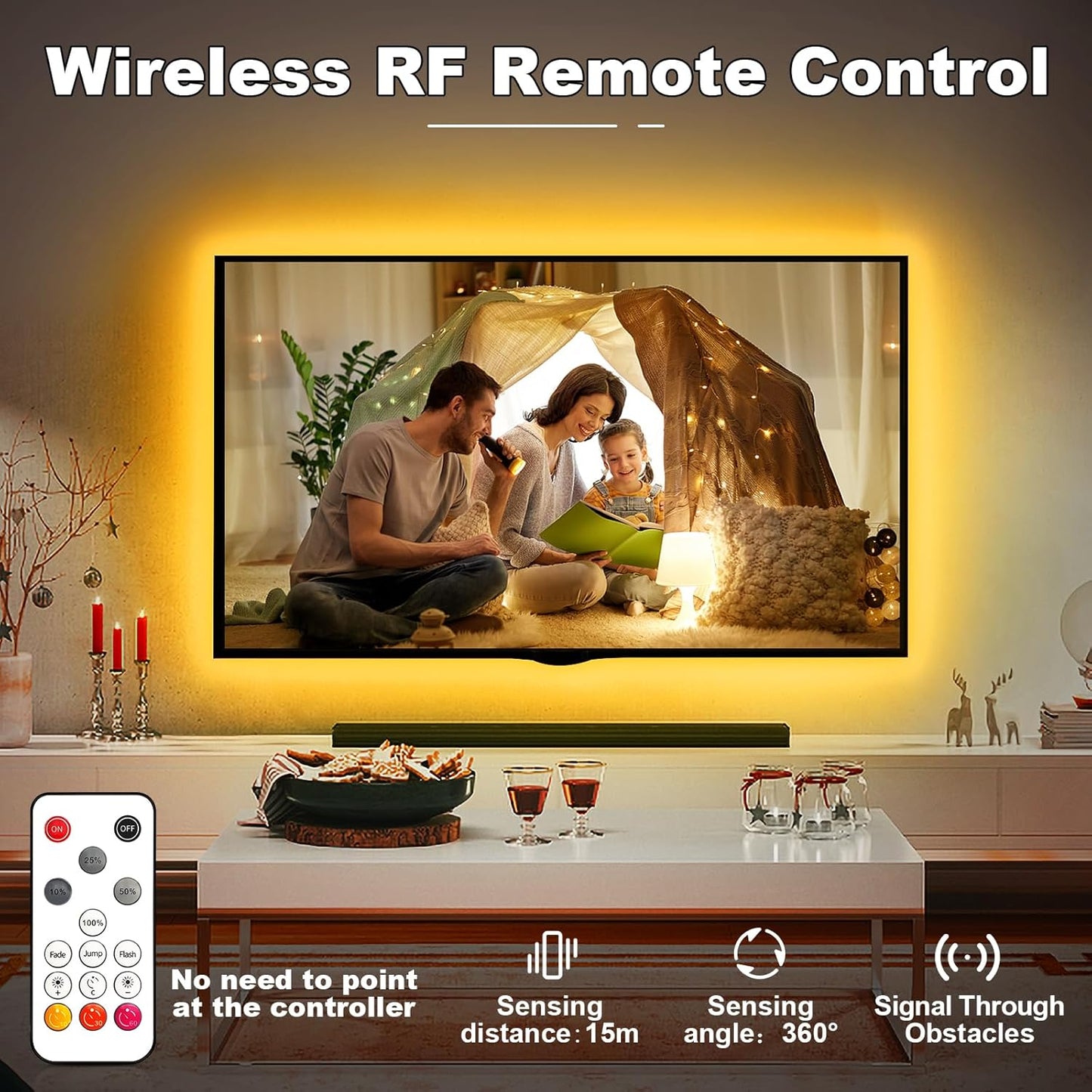 Orange Color COB Led Strip Lights with RF Remote, 16.4ft 2000K Dimmable Bright Dotless Yellow Led Light Strip, Adhesive Indoor Gold Yellow Led Lights for Cabinet, Living Room