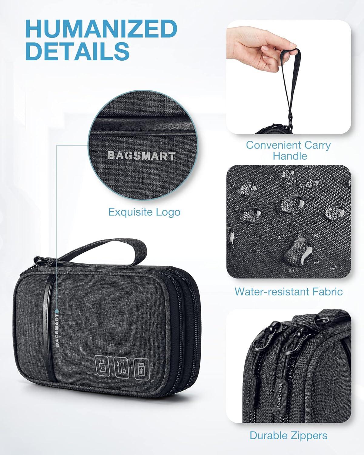BAGSMART Cord Organizer Travel Cable Organizer Bag Tech Electronic Organizer Travel Case, Travel Essentials for Charger, Cable, Phone, Flash drive, Double Layer-Black