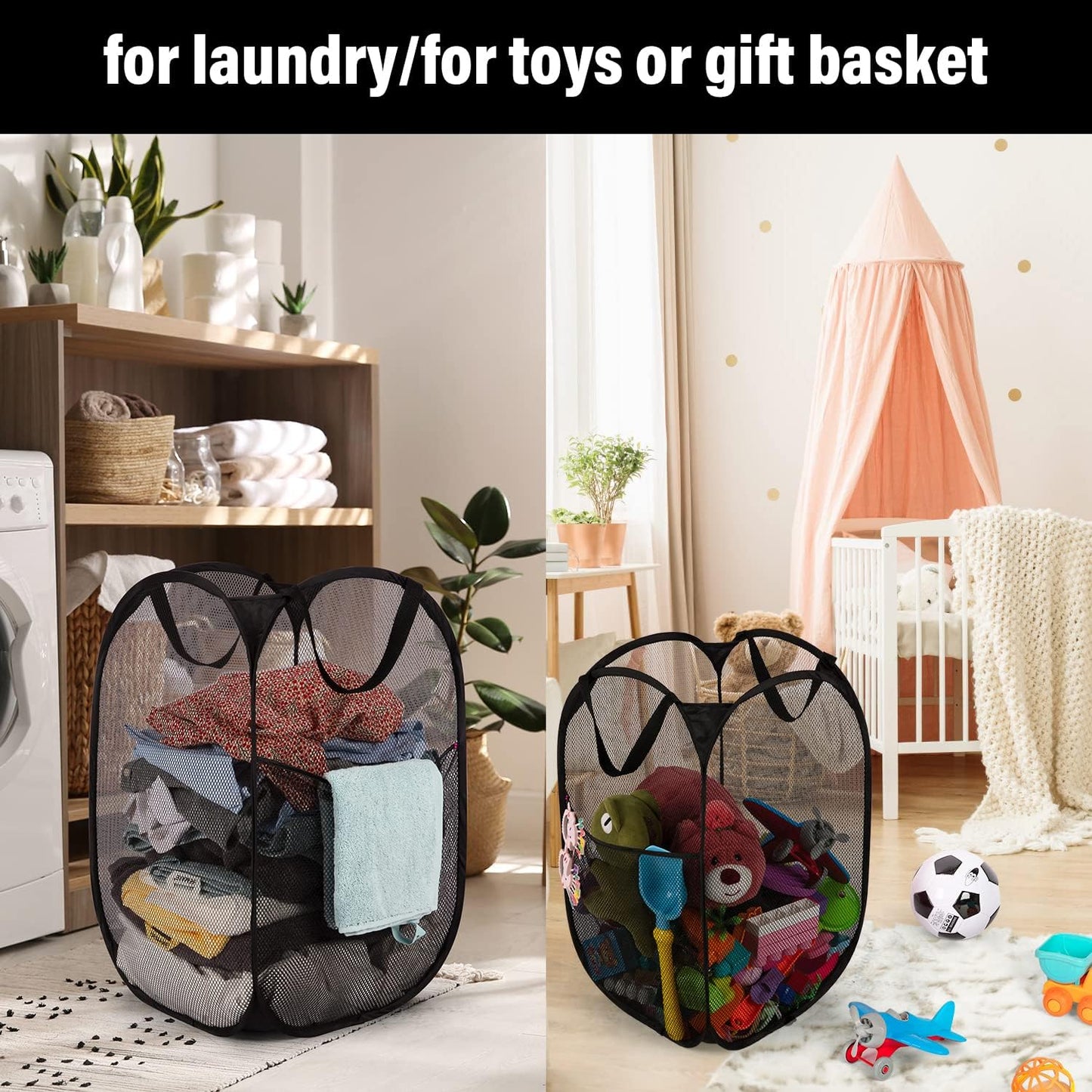 BATTOO Deluxe Strong Mesh Pop up Laundry Hamper Basket with Side Pocket for Laundry Room, Bathroom, Kids Room, College Dorm or Travel 2 Pack Black