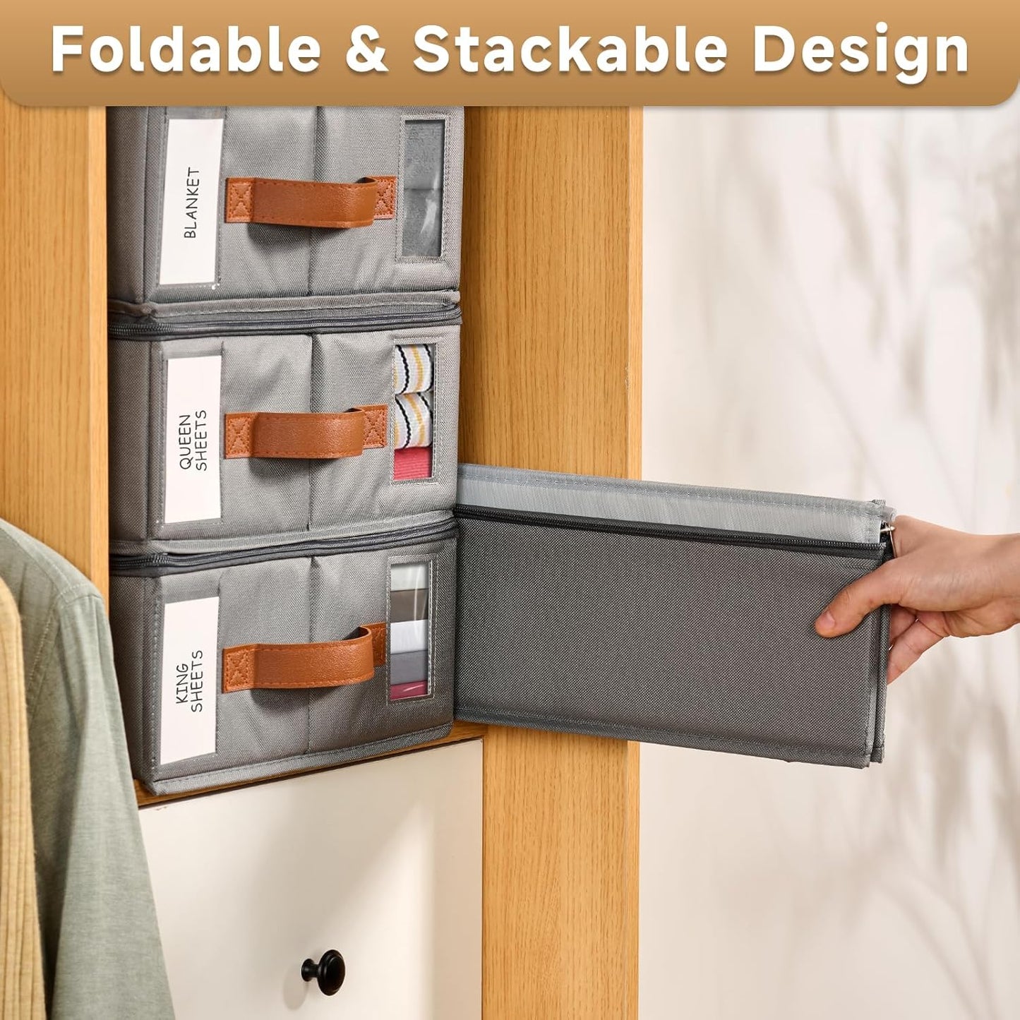 4pack Bed Sheet Organizer, Foldable Linen Closet Organizers and Storage with Sealed Design, Queen & King Size Sheet Storage with Window, Closet Organizer for Bedsheets/Blankets/Clothes, Grey