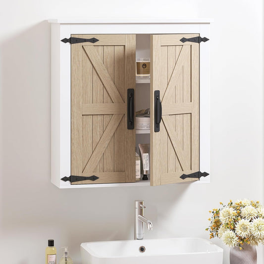 Spirich Bathroom Wall Cabinet Over Toilet, Farmhouse Wall Mounted Medicine Cabinet Organizer with Wood Grain Barn Doors and Adjustable Shelves