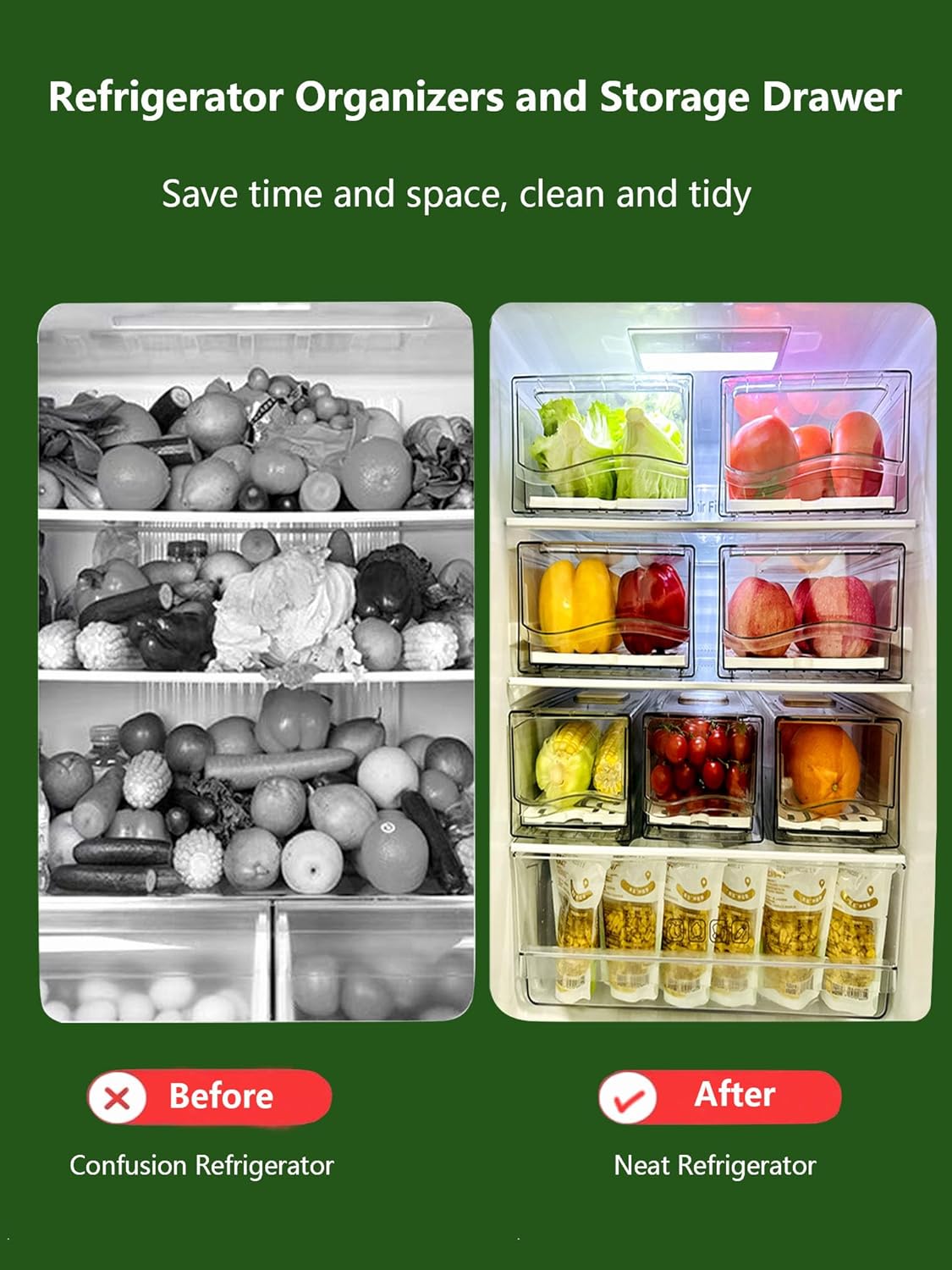 Refrigerator Organizers and Storage Drawer, Stackable Fruit Storage Containers for Fridge, Reusable Fridge Organizer fit for Kitchen Refrigerator and Restaurant Freezer (2 Drawers, Medium)