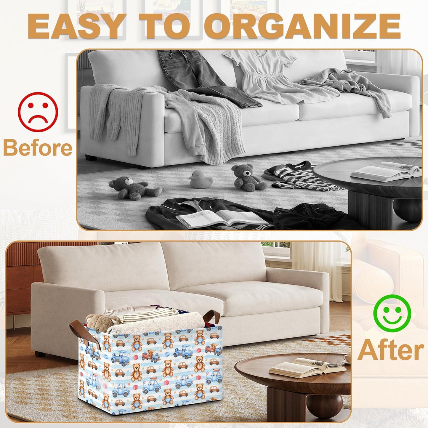 32L Large Storage Bins with Handles, Basket Organizer for Shelves, Closet, Books, Laundry & Home Decor (Cute Bear Car)