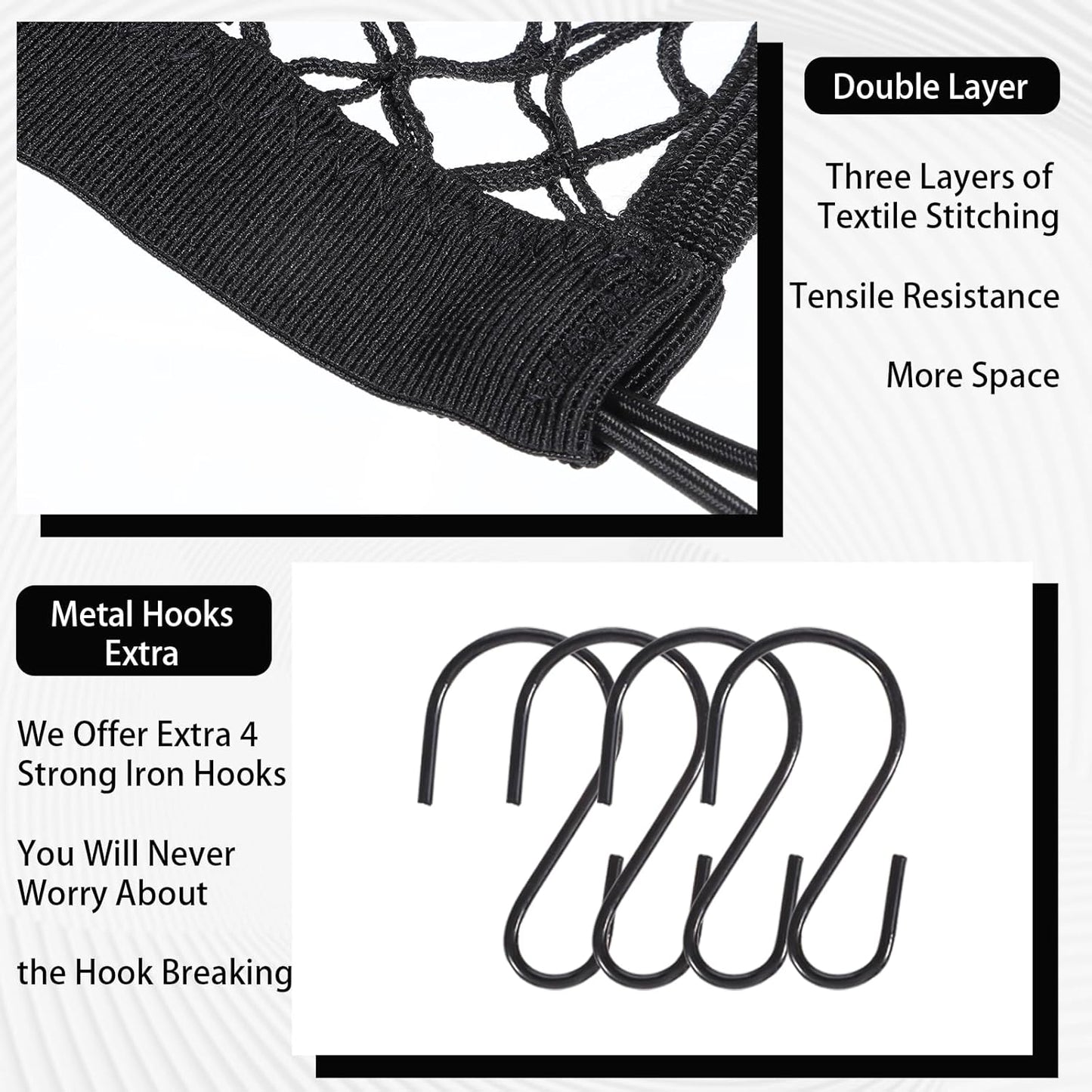 Easy Installed Motorcycle Helmet Storage, 10"X11" Upgrade Cargo Net, High Elastic Double Layer Bungee Net, Thicken Luggage Rack Expansion Organizer with 4 Metal Hooks for Motorbike Trike Cycle