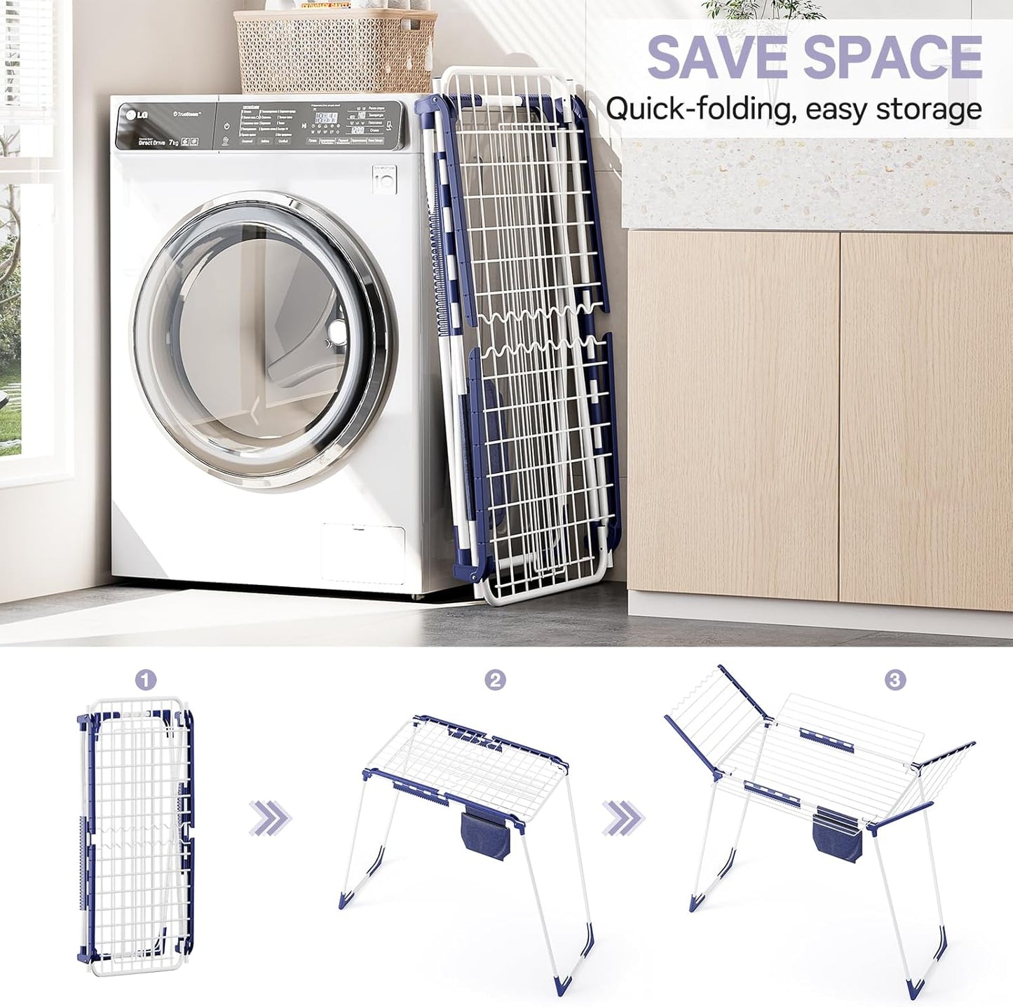 APEXCHASER Clothes Drying Rack Foldable - Drying Rack Clothing Large Space, Winged Laundry Rack with Sock Clips for Hanging Towels Clothes Dress Bedding Indoor Outdoor, White