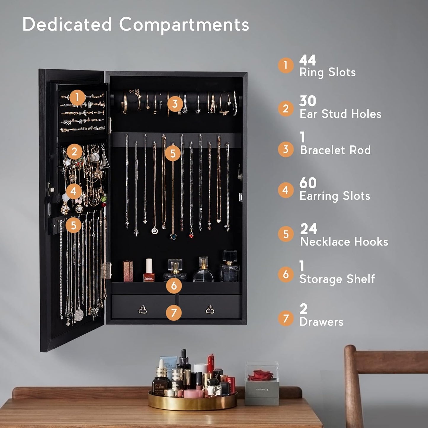 LAVIEVERT Jewelry Armoire with LED Lighted Mirror, Wall/Door Mounted Frameless Mirror with 3 Color Lights, Lockable Jewelry Cabinet Hanging Jewelry Organizer with 2 Drawers - Black