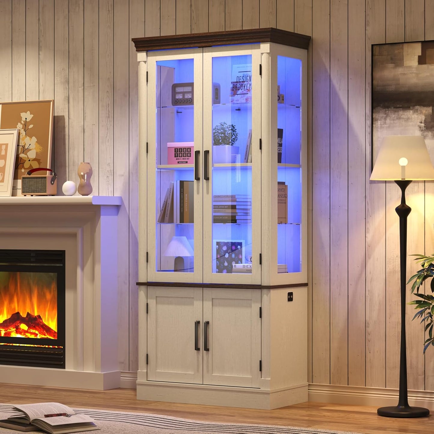 St.Mandyu 71" Tall Display Cabinet with Glass Doors, 4-Tier Lighted Curio Cabinets with 2 Storage Doors and Metal Handle for Living Room, Home, Kitchen, White