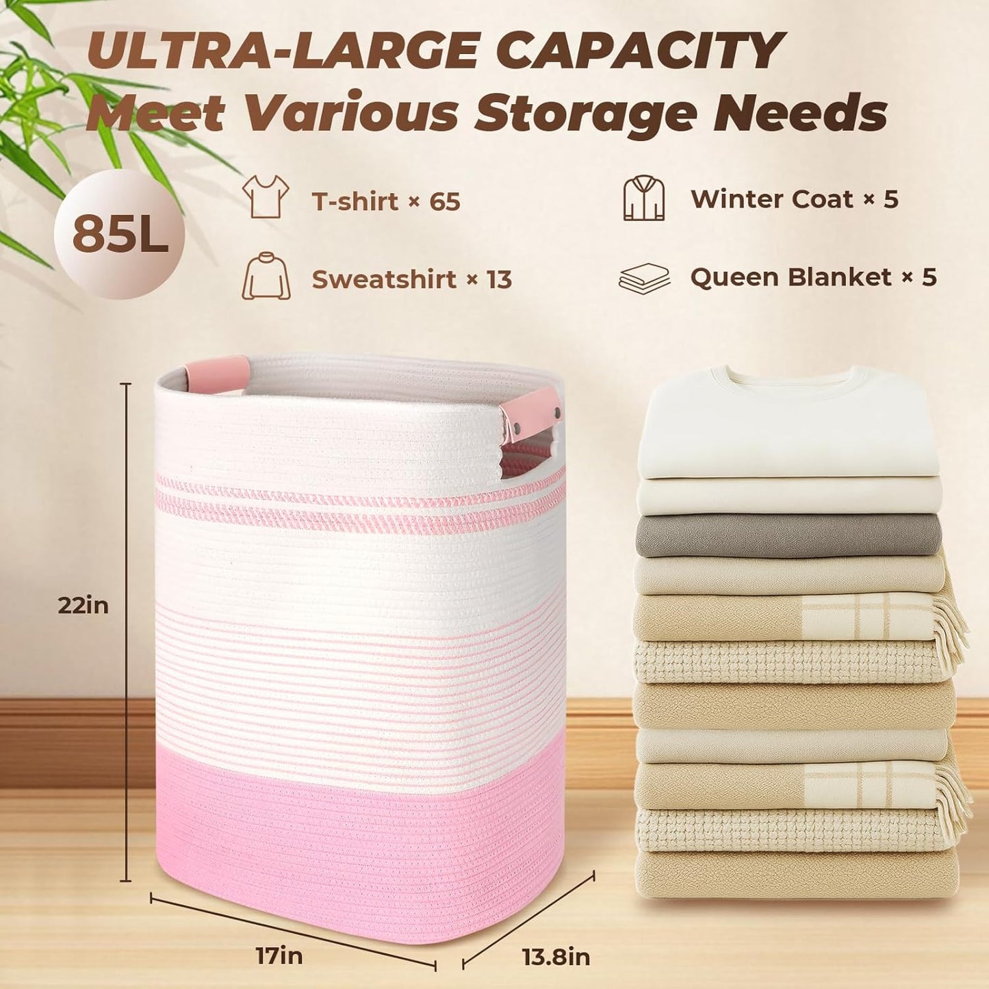 Laundry Basket with Handles - Blanket Basket & Hampers for Bedroom Aesthetic, Laundry Hamper & Blanket Storage for Living Room, Clothes Hamper, Tall, Large 17" x 14" x 22”, Pink & White