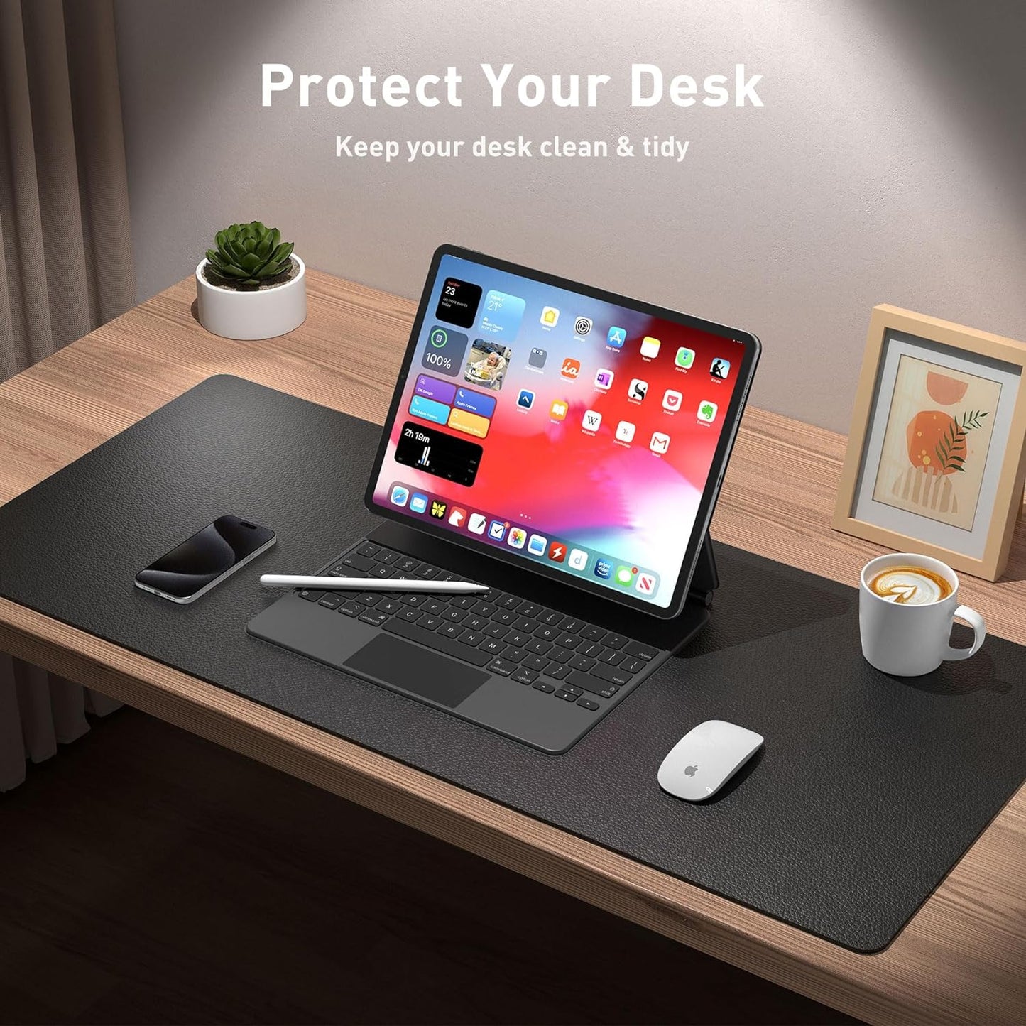 Aothia Non-Slip Waterproof PU Leather Desk Pad Protector for Mouse, Writing Desk, Office, Home, Laptop Blotter, 23.6" x 13.7", Black