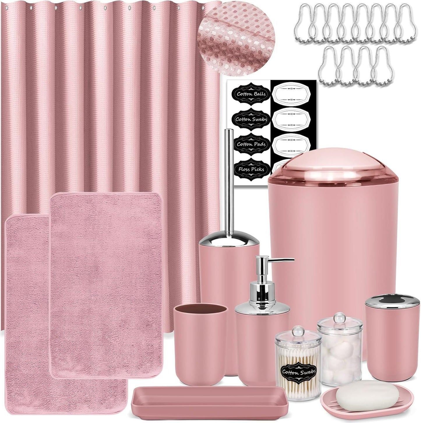 IMAVO Pink Bathroom Accessories,Non Slip Super Absorbent Rugs and Waterproof Shower Curtain with Hooks,Complete Bathroom Set for Bathroom Décor