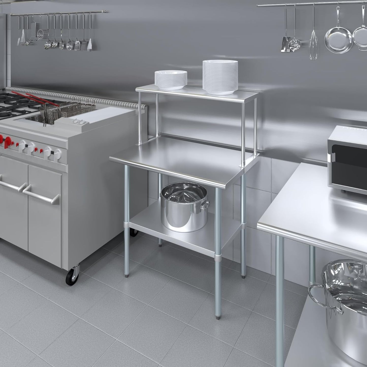 Stainless Steel Work Table with Wide Single Tier Overshelf | Metal Kitchen Prep Table & Shelving Combo (24" x 36" Work Table + 12" Overshelf)