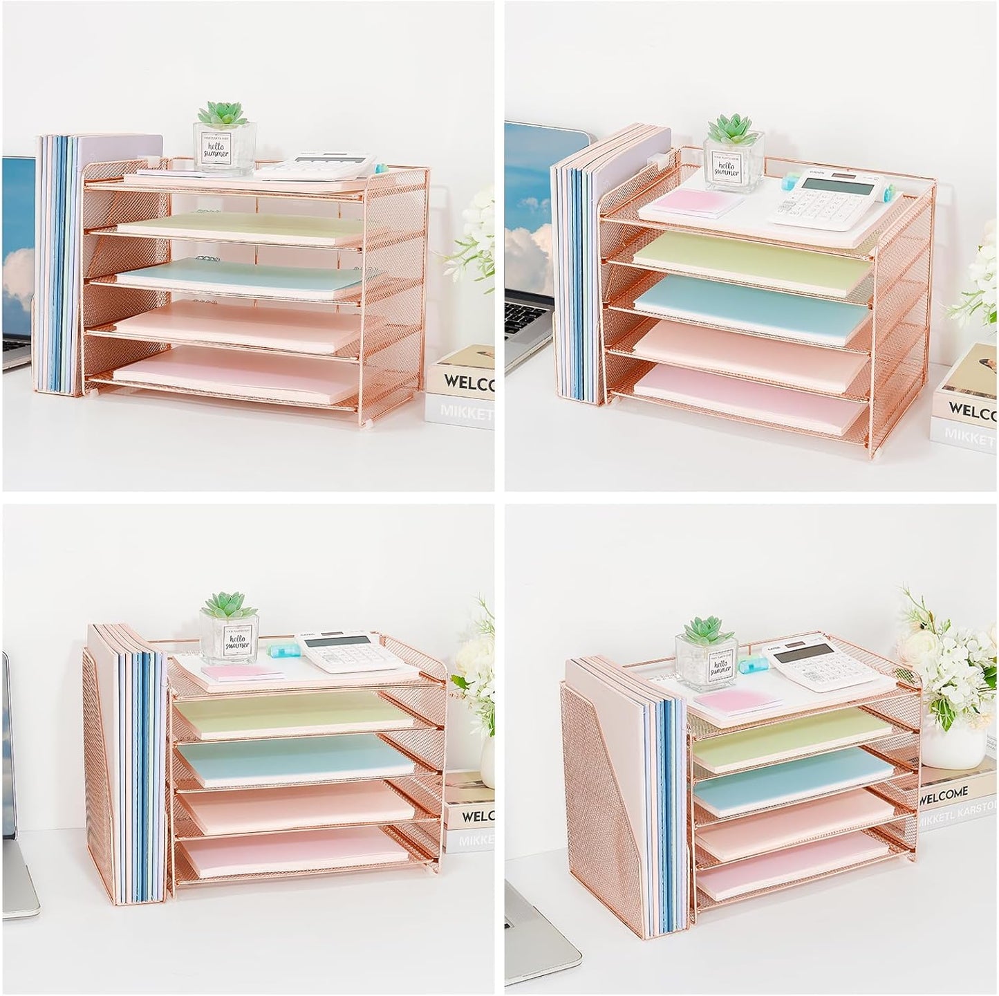 OPNICE 5-Tier Paper Organizer with Magazine Holder, Desk Organizers and Accessories, Office Desk Accessories & Workspace Organizers, Desktop File Organizer for Office Supplies Storage, Rose Gold