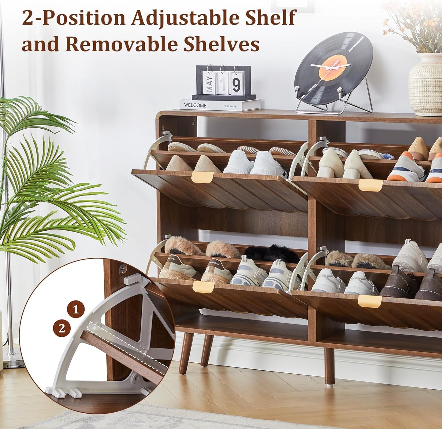 ORRD Shoe Storage Cabinet for Entryway with 4 Flip Drawers, Freestanding Narrow Wood Shoe Cabinet with Wave Panel, Hidden Shoe Organizer for Foyer, Hallway (Walnut)