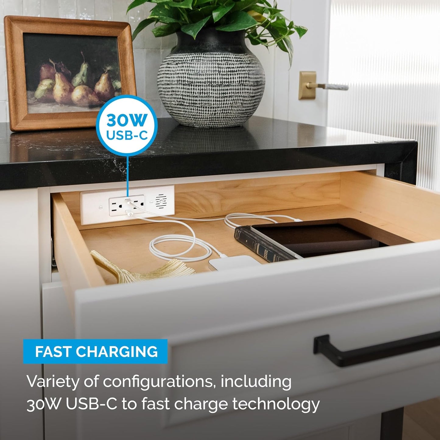 Docking Drawer Blade in-Drawer Outlet, Integrated Safety Shutoff, (2) 30W USB-C & (2) 15 amp AC, Black