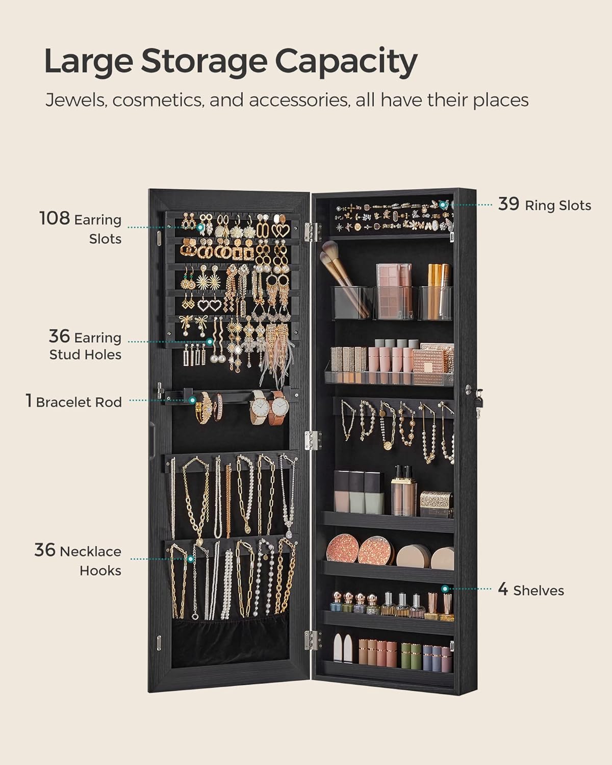 SONGMICS Mirror Jewelry Cabinet Armoire, Wall or Door Mounted Jewelry Storage, Hanging Lockable Frameless with 2 Plastic Cosmetic Organizers, Christmas Gift Idea, Black UJJC001B01