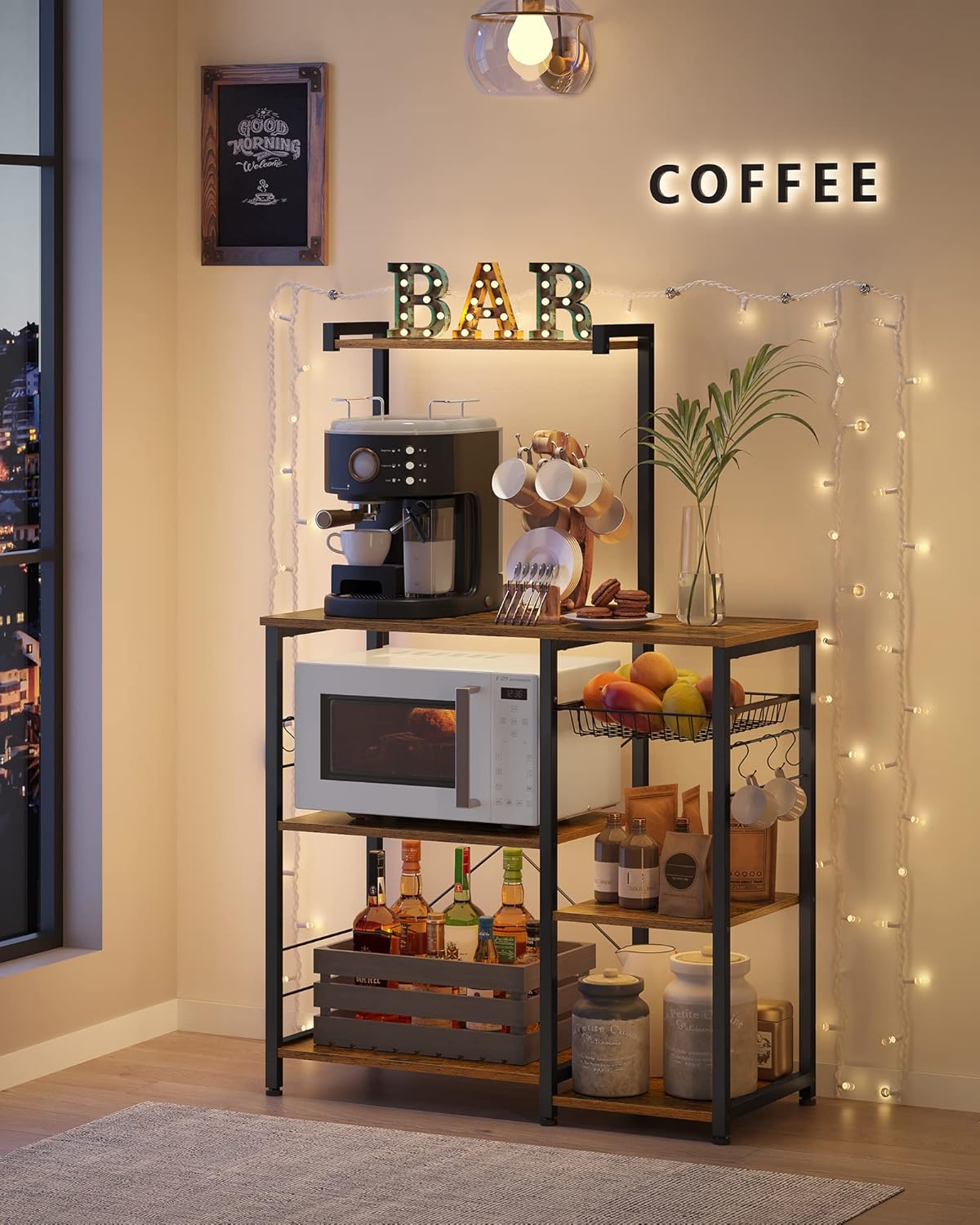 VASAGLE Baker's Rack, Microwave Stand, Kitchen Storage Rack with Wire Basket, 6 Hooks, and Shelves, for Spices, Pots, and Pans, Rustic Brown and Ink Black UKKS35X