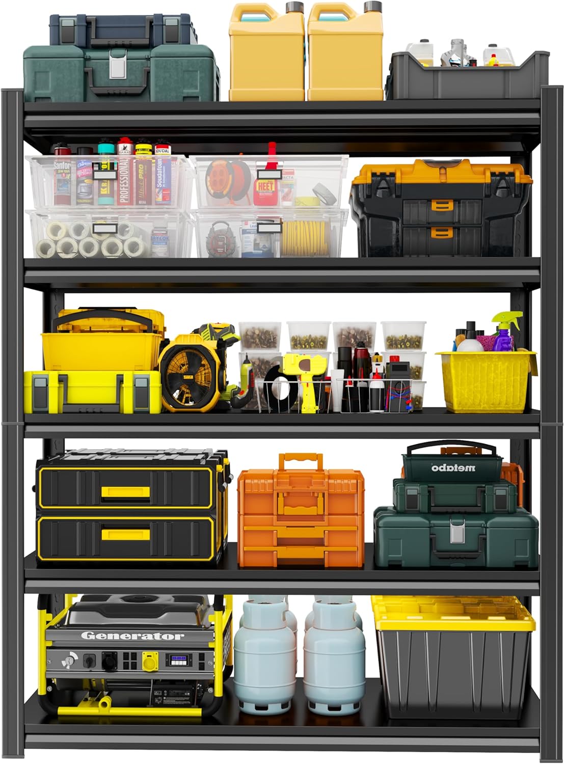 Storage Shelves, Garage Metal Shelving Unit, Adjustable, Double-Layer Column with Reinforced Ribs, Heavy-Duty, Capable of Bearing 600-3600 lbs (Black, 63 * 32 * 16, 5-Tier)