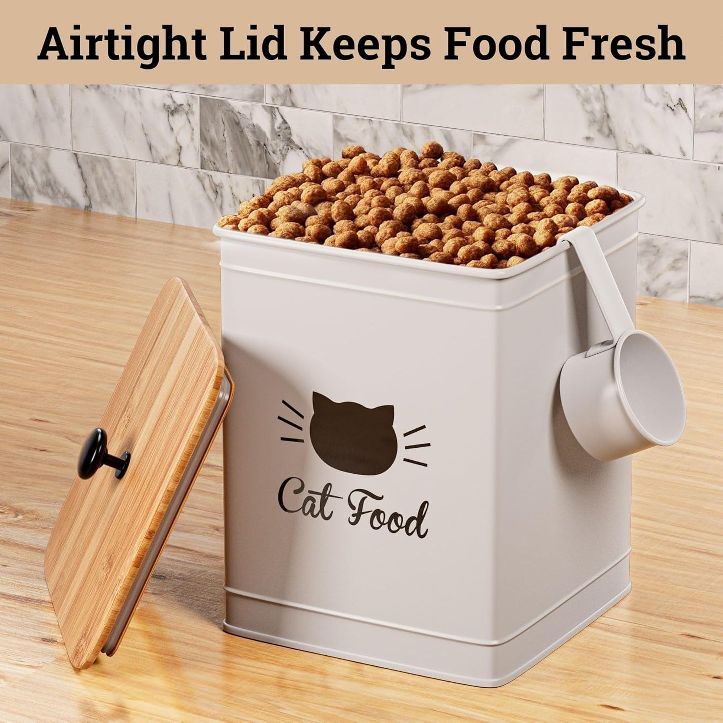 Cat Food Storage Container with Scoop - 5-7 lb (25 Cup) Capacity Metal Cat Food Container with Airtight Bamboo Lid and Metal Scoop - Airtight Pet Food Storage Containers 5 lb - 7 lb Kibble Container