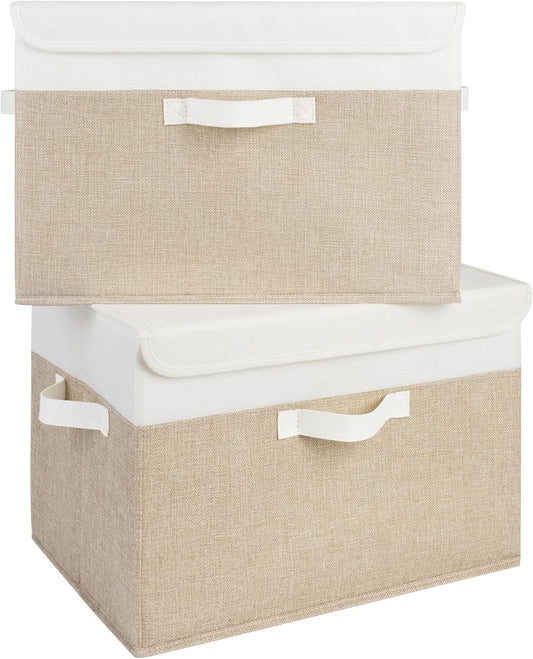 GRANNY SAYS Storage Boxes with Lids, Decorative Storage Bins, Shelf Baskets, Clothes Storage and Organization, White/Khaki, 2-Pack