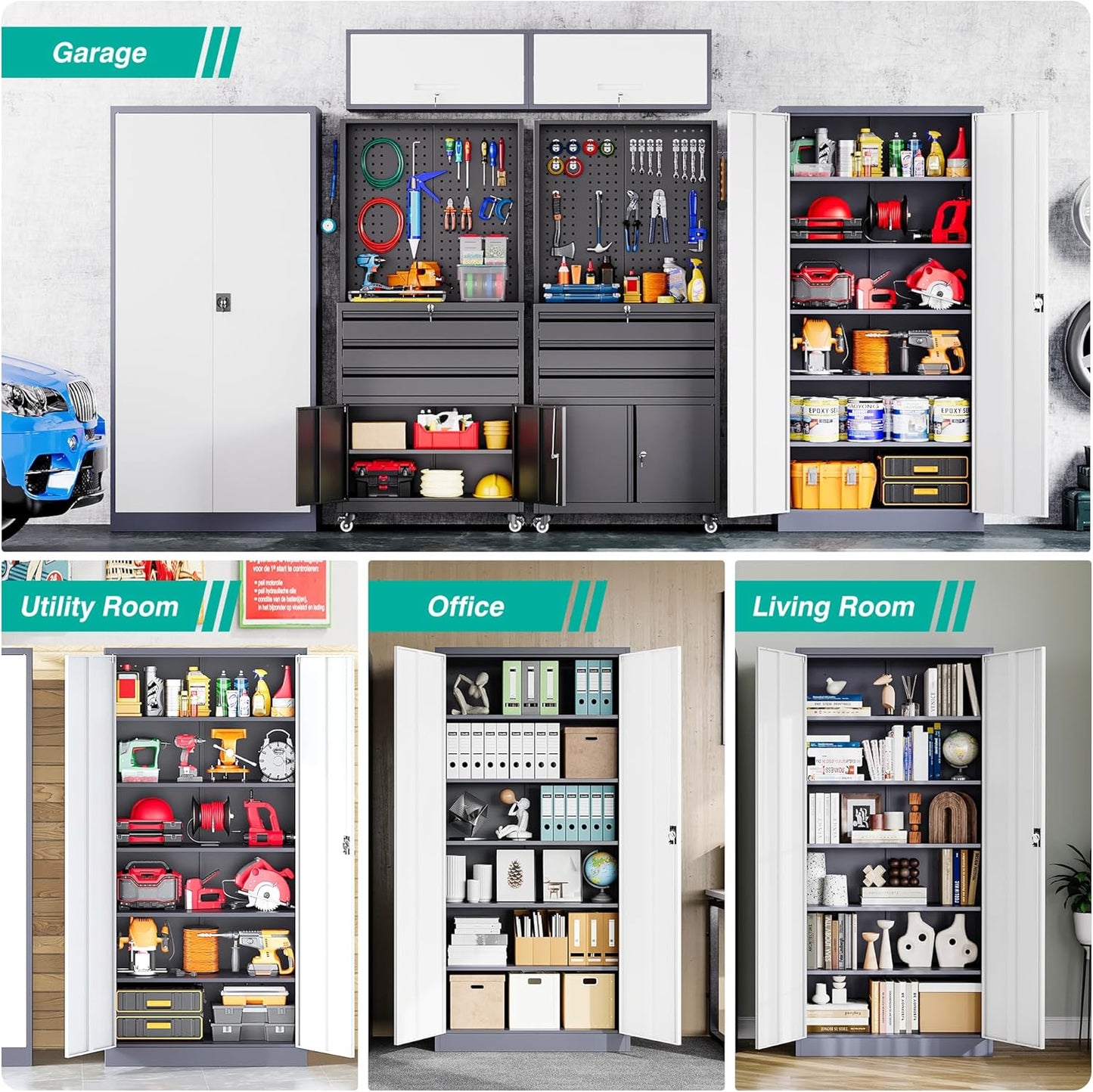 Wide & Deep Metal Storage Cabinet with 6 Shelves,72 inch Tall Garage Storage Cabinet with Lock,Gray White Metal Cabinets with Locking Doors,Large Steel Lockable Cabinets for Home,Office,Shop,Garage