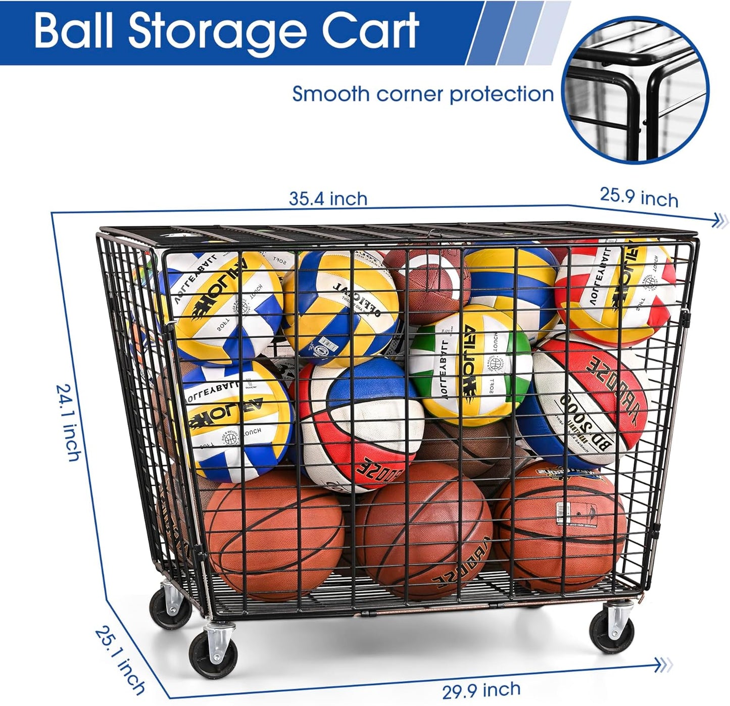 Mythinglogic Rolling Ball Storage Cart, Ball Storage Bin with Lockable Lid, Garage Organizer Made of Steel, Suitable for School Sport Equipment Storage