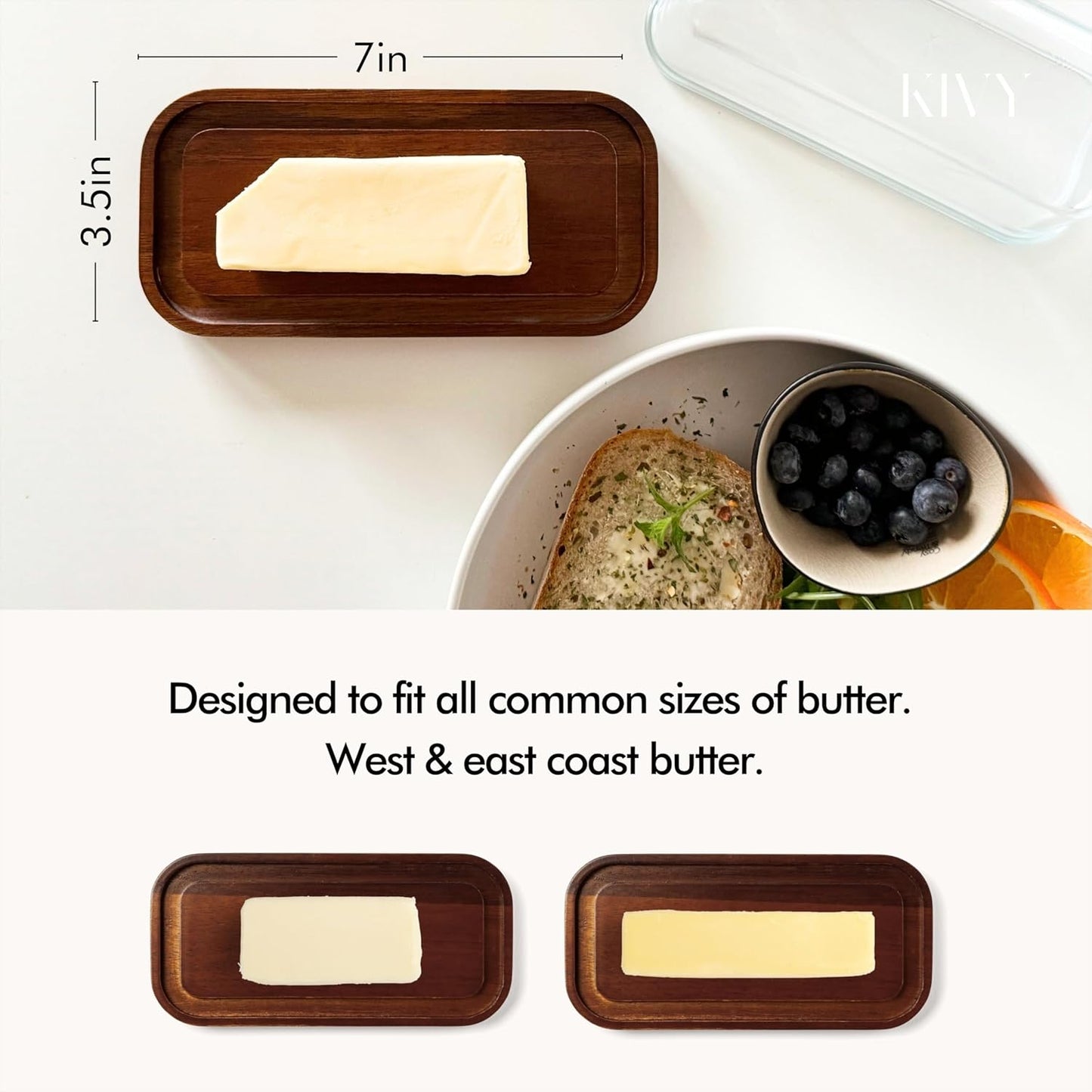 KIVY Glass butter dish with airtight lid that keeps butter soft - For countertop and refrigerator door shelf - Butter tray fridge - Butter holder for counter - Covered butter dishes with lid