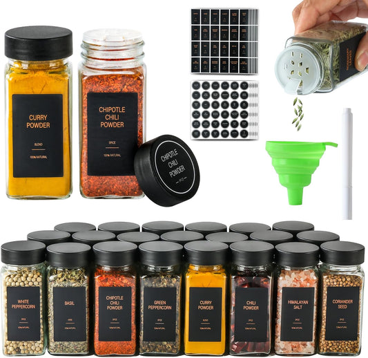 Spice Jars with Label，4oz Glass Spice Bottles With Shaker Lids，Seasoning Containers with Funnel, Chalk Pen for Cabinet，Drawer，Rack (Black, 36)