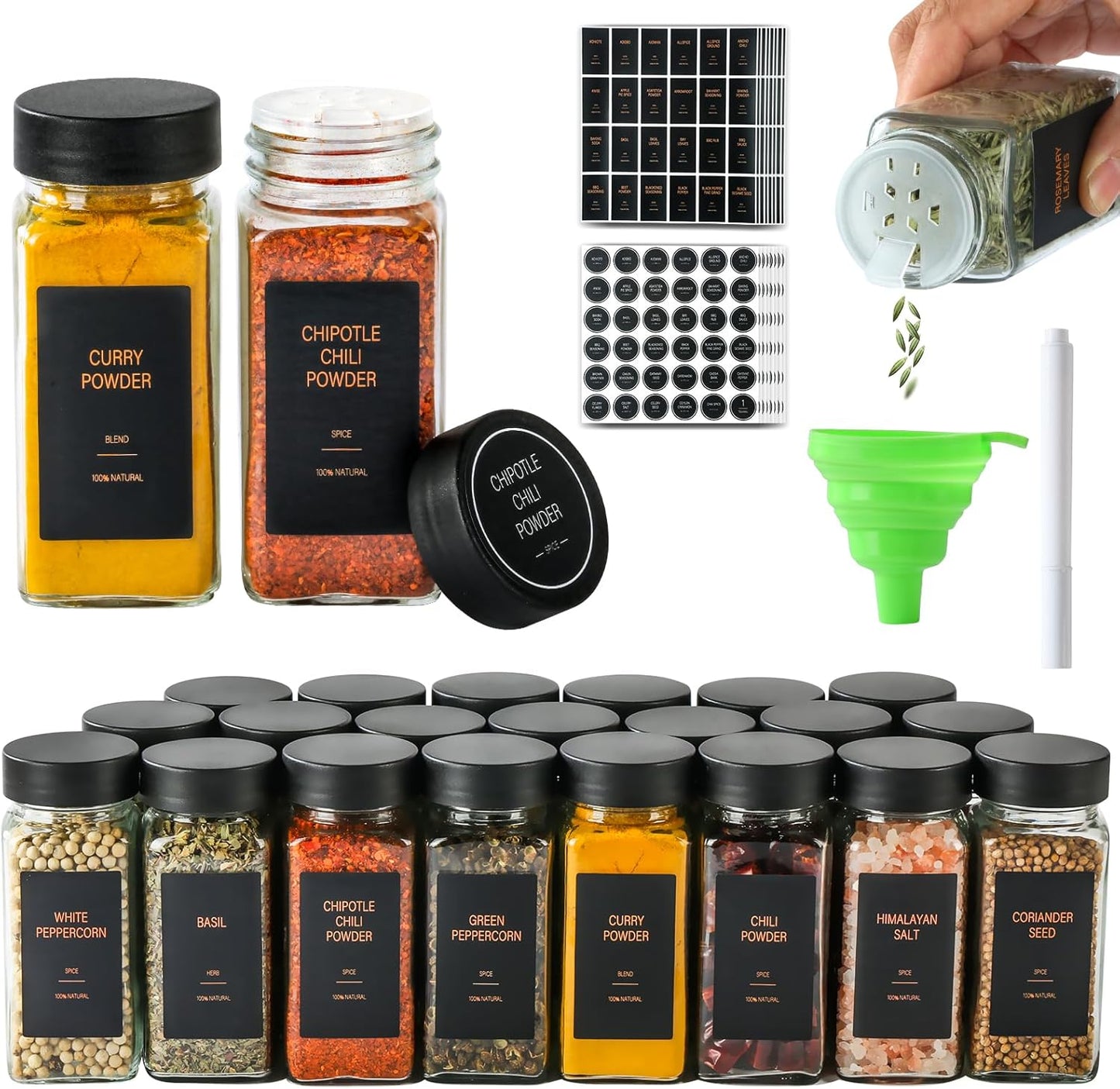 Spice Jars with Label，4oz Glass Spice Bottles With Shaker Lids，Seasoning Containers with Funnel, Chalk Pen for Cabinet，Drawer，Rack (Black, 48)