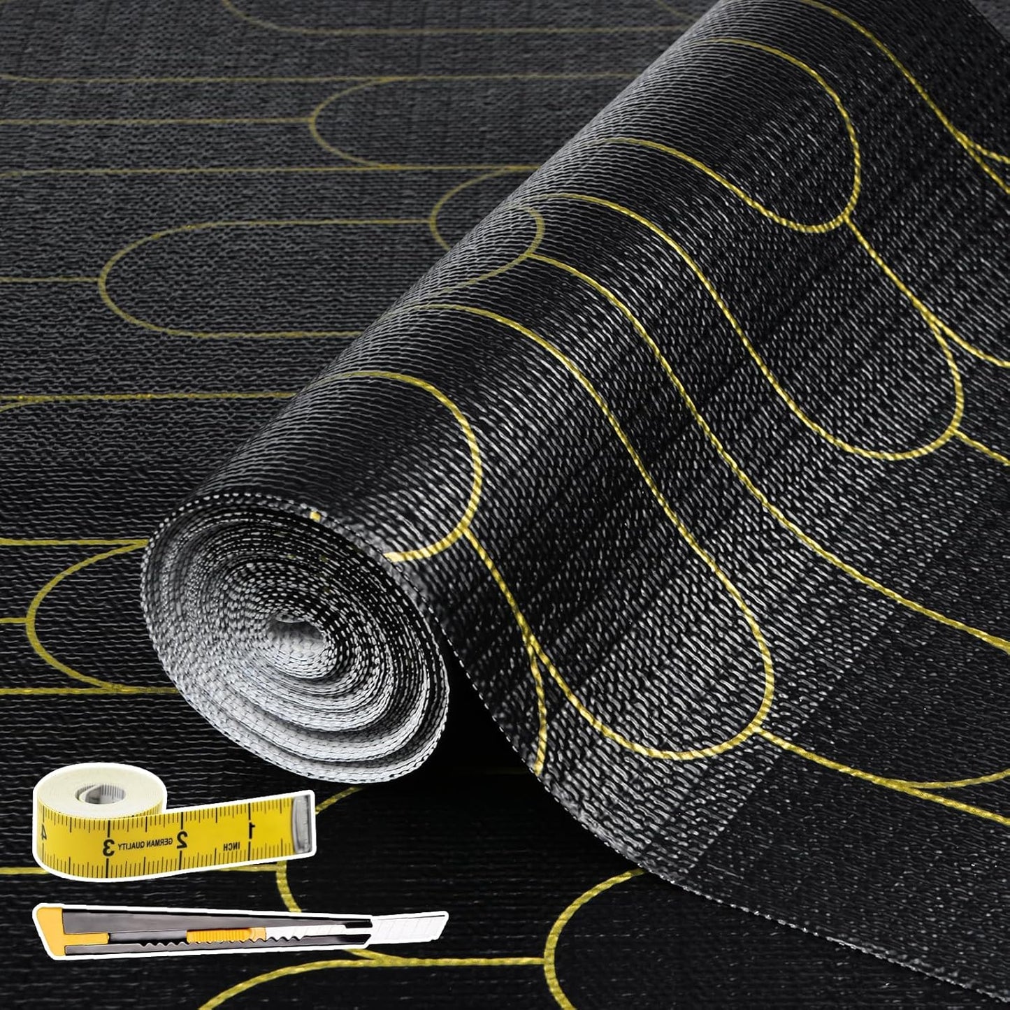 Shelf Liners for Kitchen Cabinets Drawer Liner 12in x 30FT Non Adhesive Black Gold Line Thickened Refrigerator Shelf Liner Paper Strong Easy to Clean for Tool Box with Knife and Tape Measure