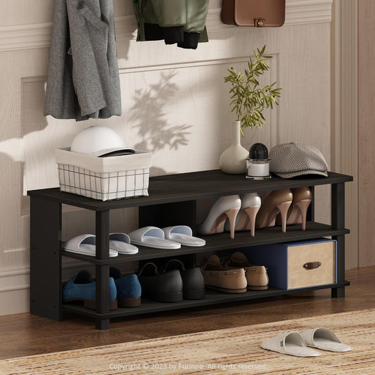 Furinno Turn-N-Tube Shoe Rack, 3-Tier Shoe Organizer, Compact Shoe Storage with Open Shelves, 15.5 x 41.1 x 15.8, for Closet Entryway, Office, Garage, Espresso/Black