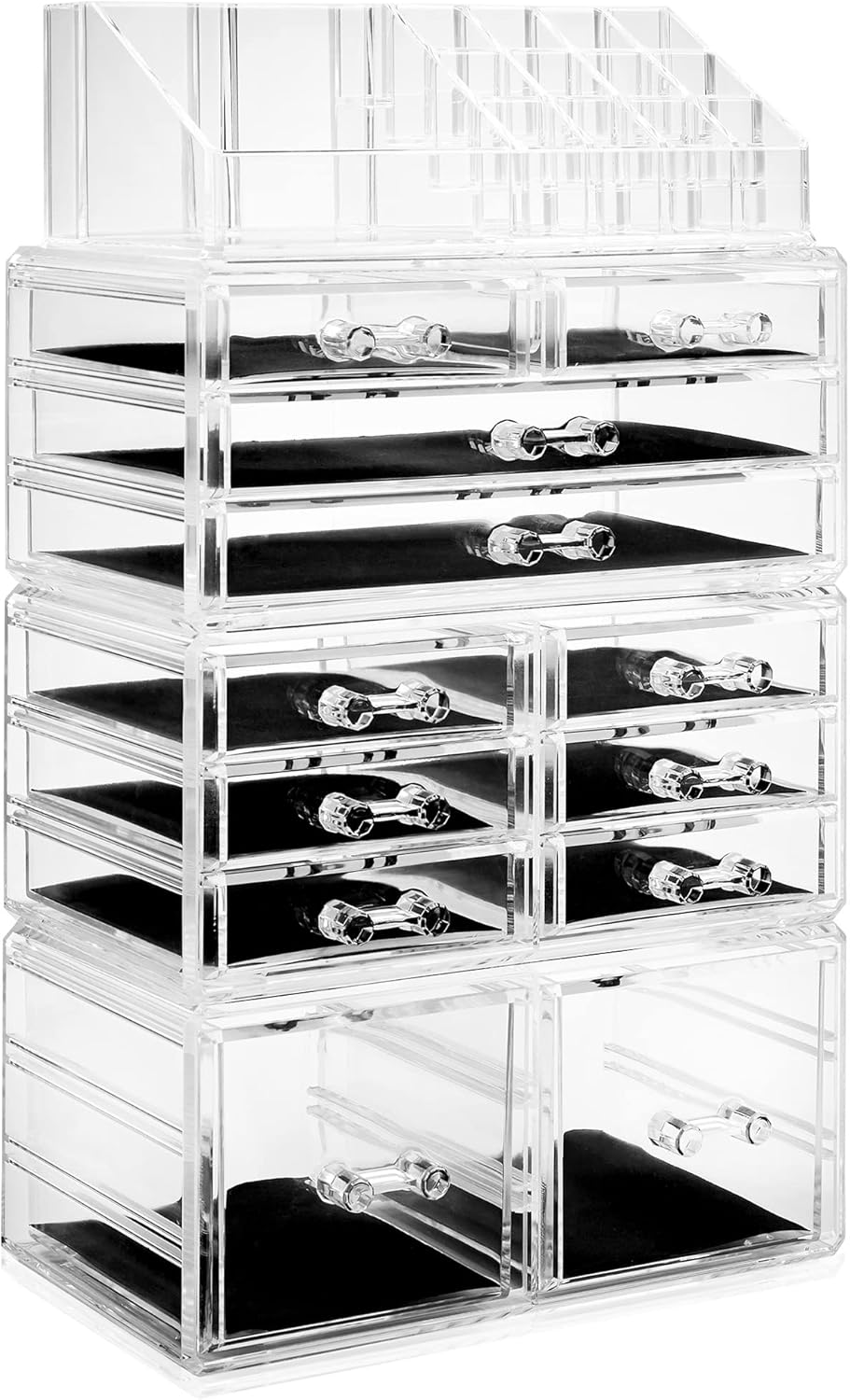 Casafield Acrylic Cosmetic Makeup Organizer & Jewelry Storage Display Case - Large 16 Slot, 2 Box & 10 Drawer Set - Clear