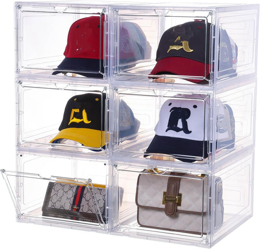 Hat Organizer for Baseball Caps,set of 6, Transparent Storage Box Hat Holder With Clear Magnetic Door, Stackable Rack, Easy to Assemble Stylish Display(13.5 "x 10.6" x 7.5 ")