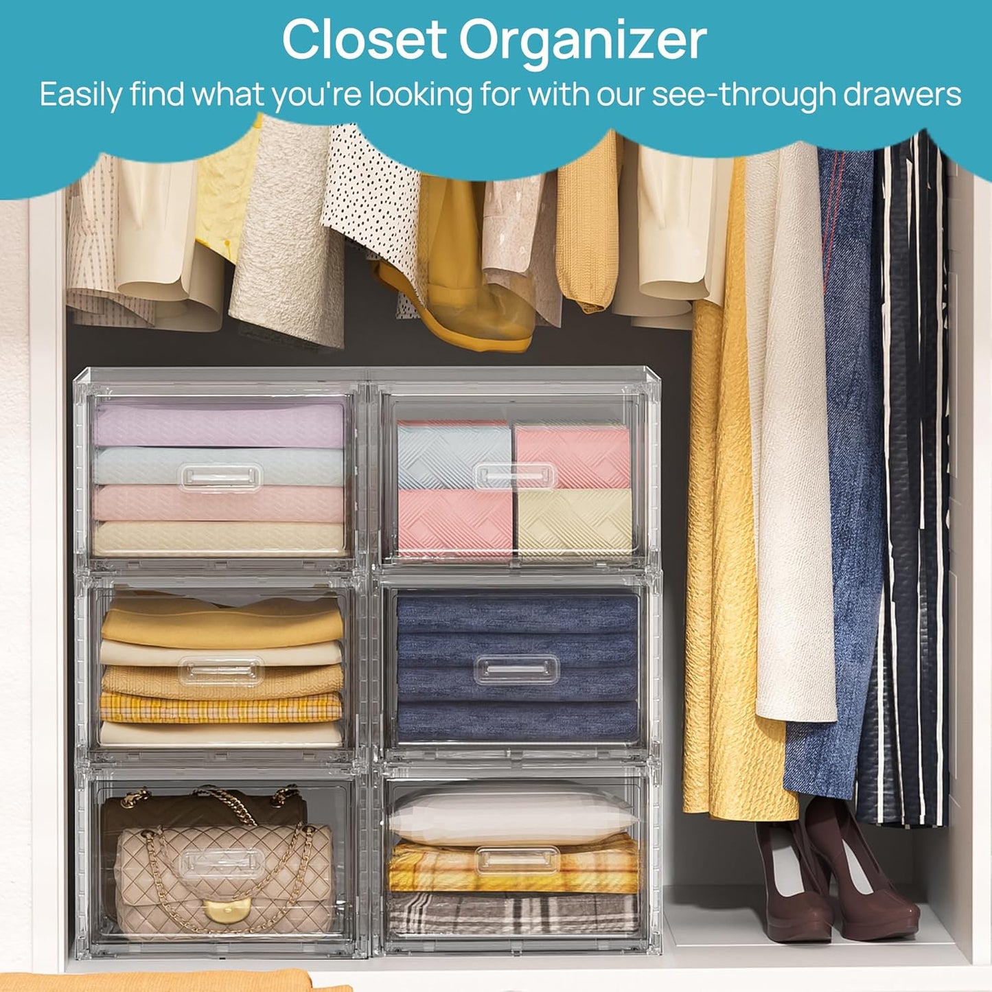 Vtopmart 3 Pack 18QT Clear Stackable Storage Drawers,Easily Assemble Closet Organizers,Plastic Storage Bins for Bathroom,Cabinet,Kitchen Pantry,Under Sink Organization(Medium)