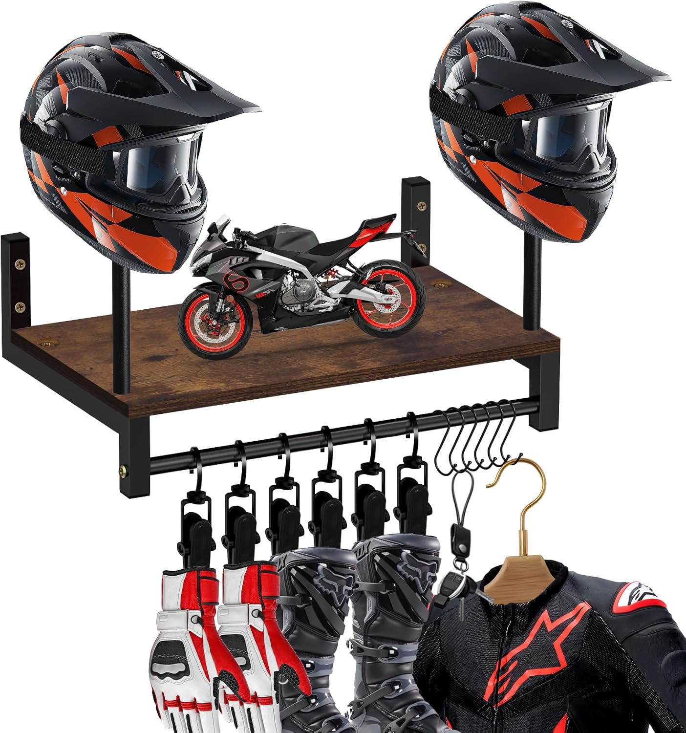 Motorcycle Helmet Rack Wall Mount, Helmet Holder with 6 Glove Chips& Hooks - Rustic Bike Helmets Storage Organizer, Universal Wall Mount for Helmets, Gear, Clothes, Motorcycle Accessories