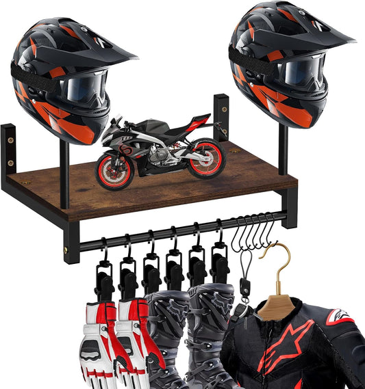 Motorcycle Helmet Rack Wall Mount, Helmet Holder with 6 Glove Chips& Hooks - Rustic Bike Helmets Storage Organizer, Universal Wall Mount for Helmets, Gear, Clothes, Motorcycle Accessories