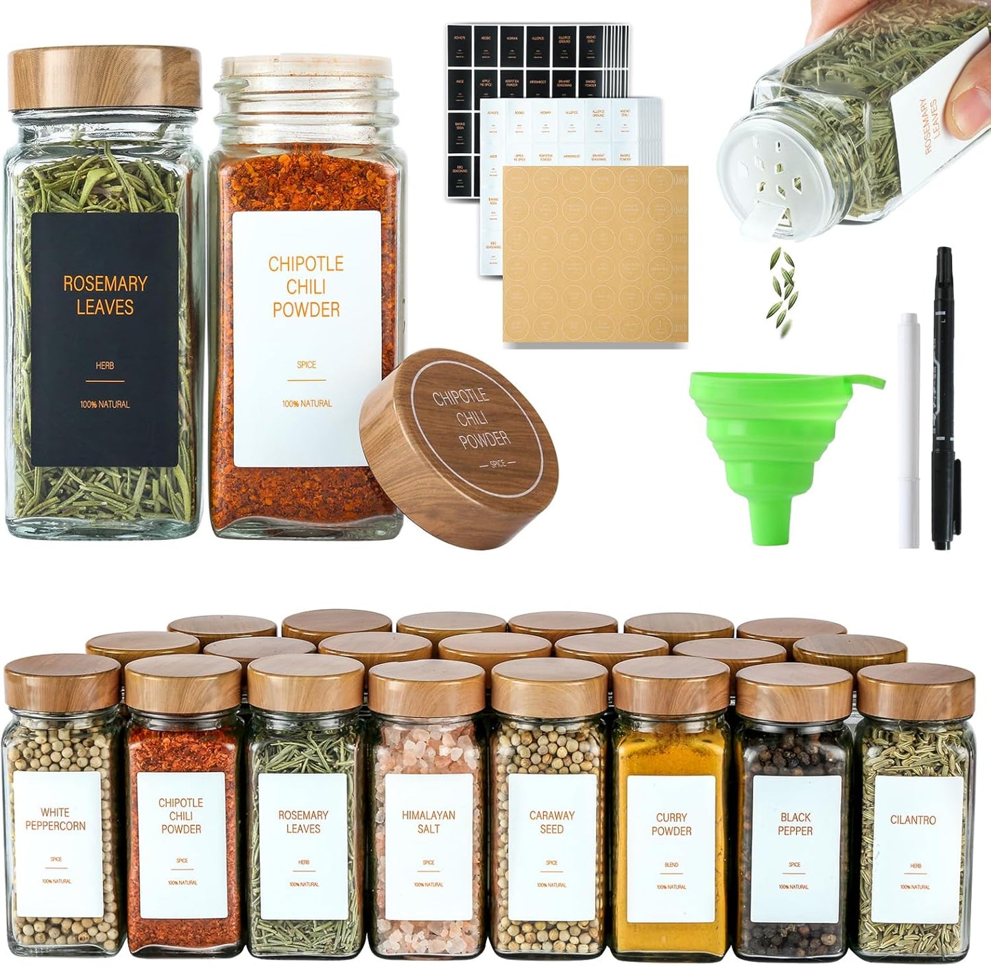 Spice Jars with Label，4oz Seasoning Containers, Glass Spice Bottles with Shaker Lids,Funnel, Chalk Pen (36)