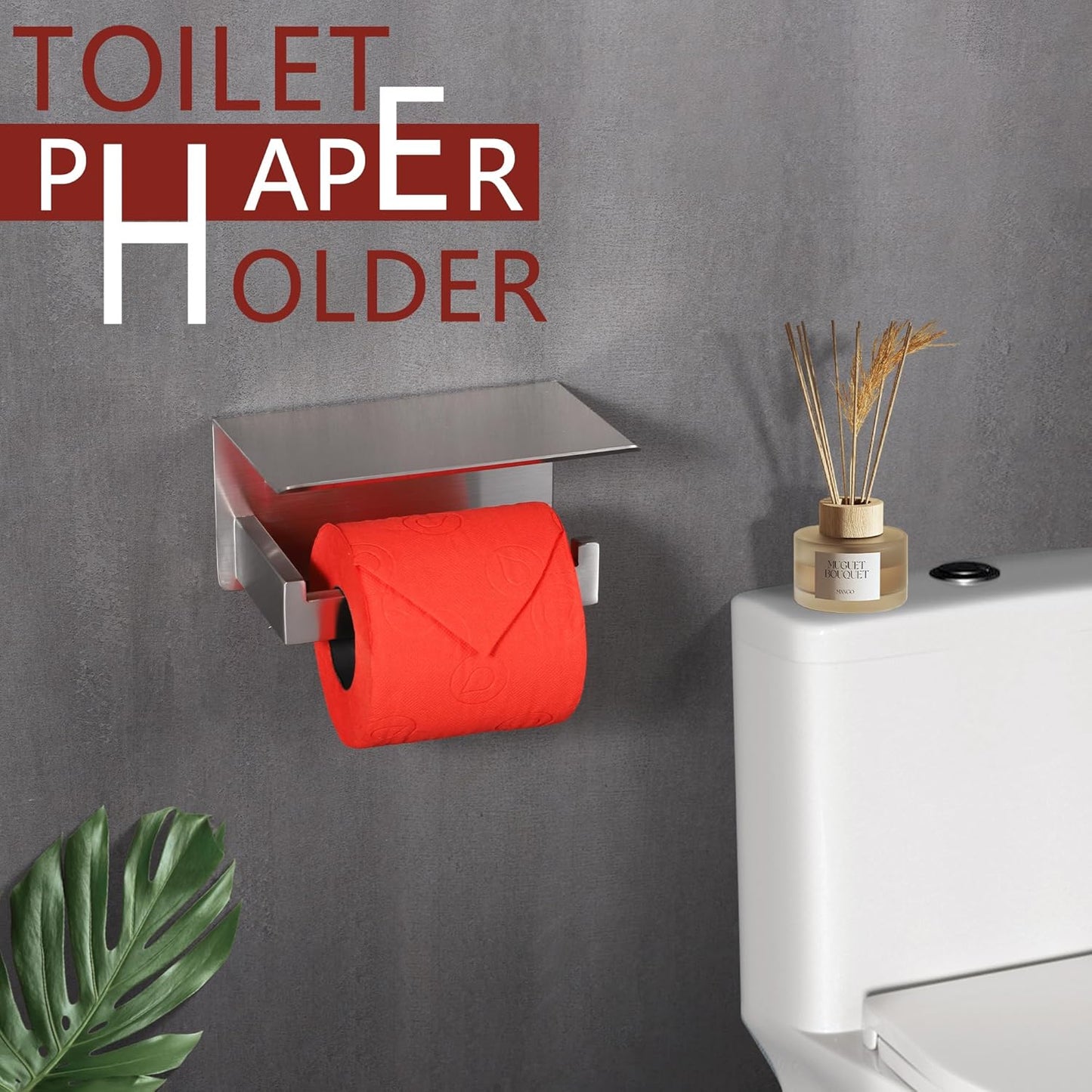 LANC Toilet Paper Holder with Shelf Brushed Nickel Toilet Tissue Roll Holder with Wipes Shelf for Bathroom Wall Mounted and Self-Adhesive Toilet Paper Roll Holder Stainless Steel, A8367BN