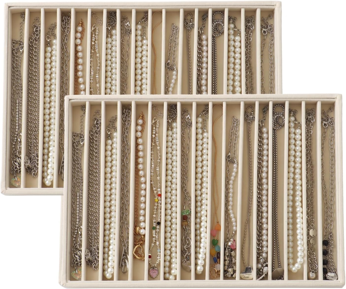 Large Velvet Jewelry Tray 2 Pack Stackable Jewelry Display Drawer Inserts Trays Organizer for Earring Bracelet Necklace Ring (Beige, 16 Grids)