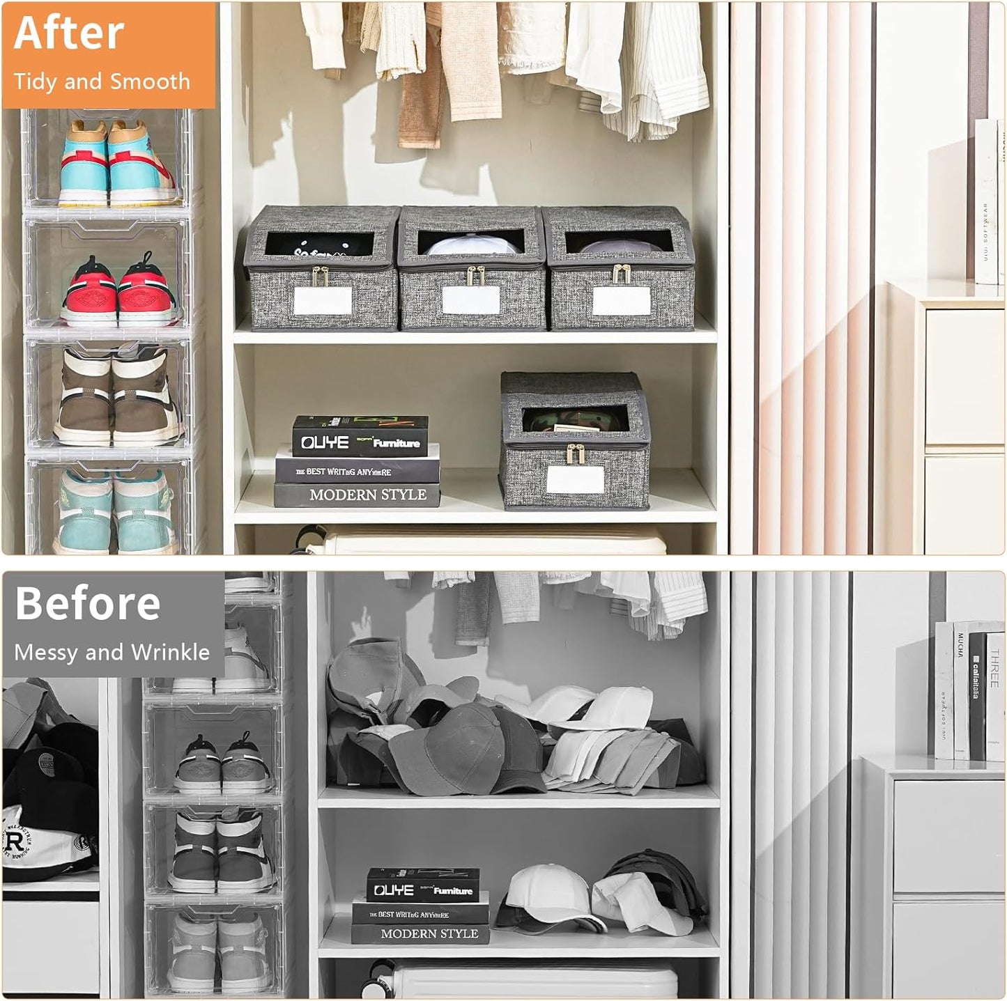 4 Pack Grey Hat Organizer for Baseball Cap, Hat Storage for Closet with Clear Window, Breathable Fabric Hat Box for Snacks, Toys, Socks, Stackable Hat Storage Organizer for Men/Women